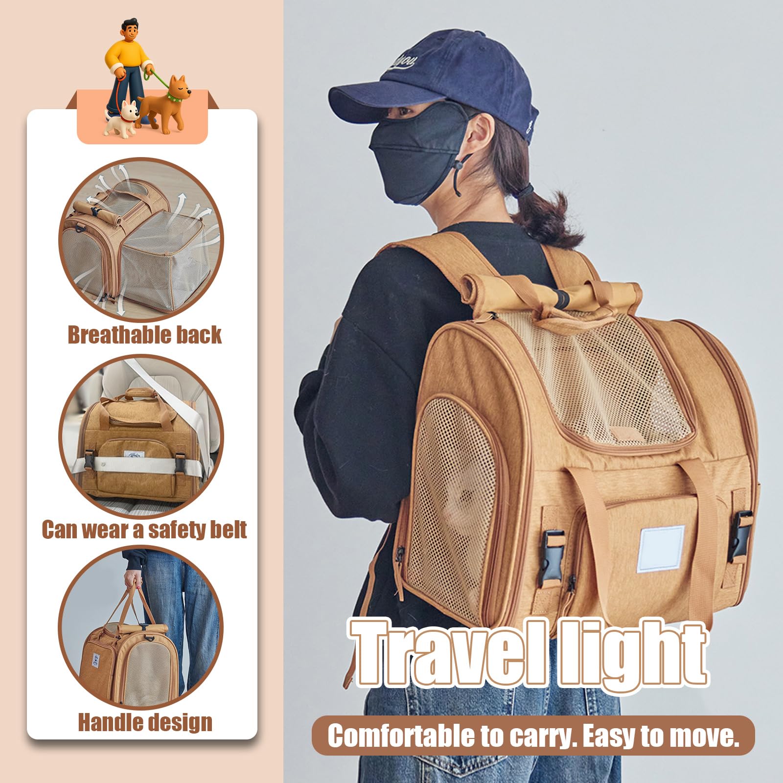 Zaino per Cani Gatti Estensibile, Trasportino Gatto Portatile, Traspirante Pieghevole con Guinzaglio di Sicurezza per Viaggi Escursioni Fino a 8 Kg