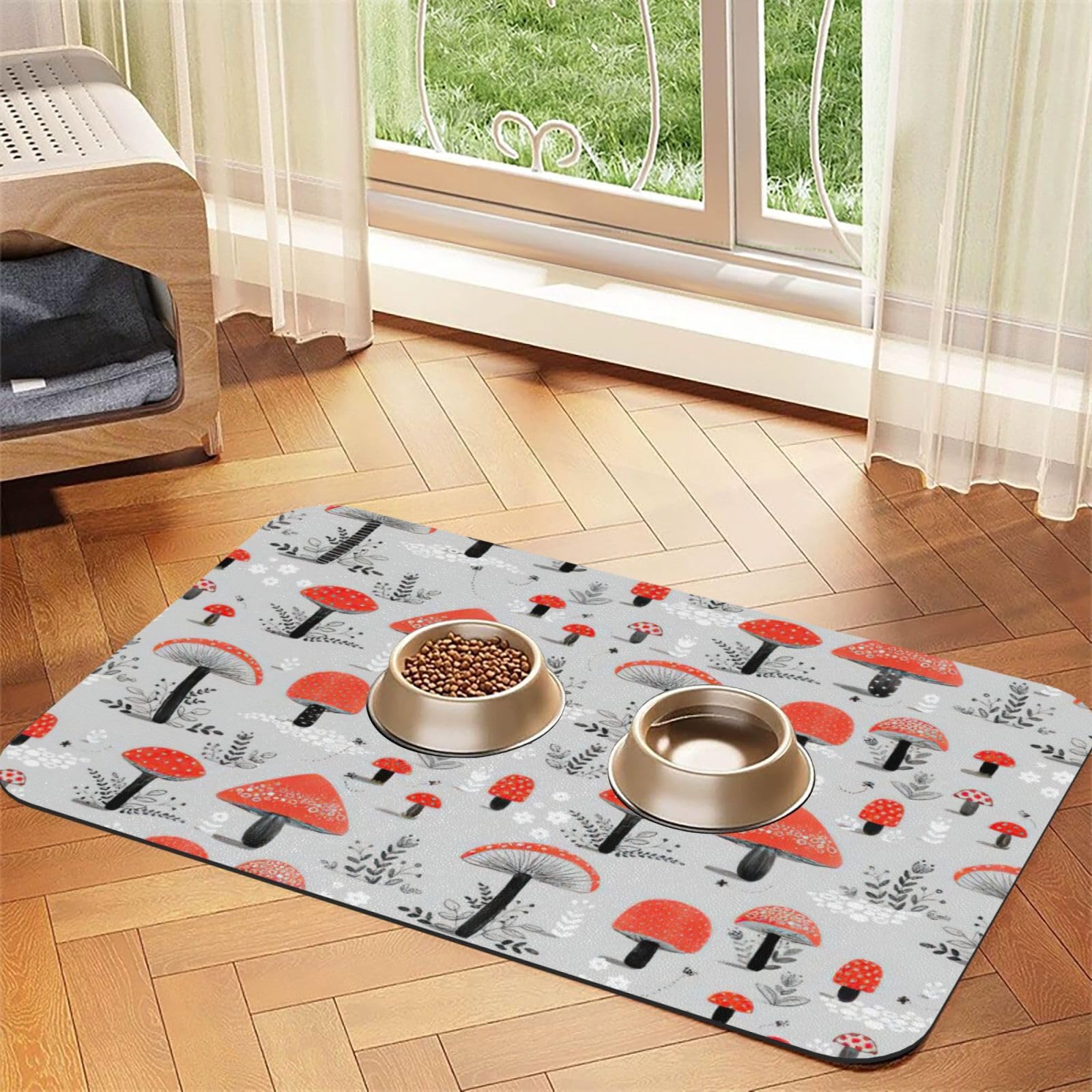Tapis d'alimentation imprimé champignons déco dessin animé pour le coin repas de vos animaux