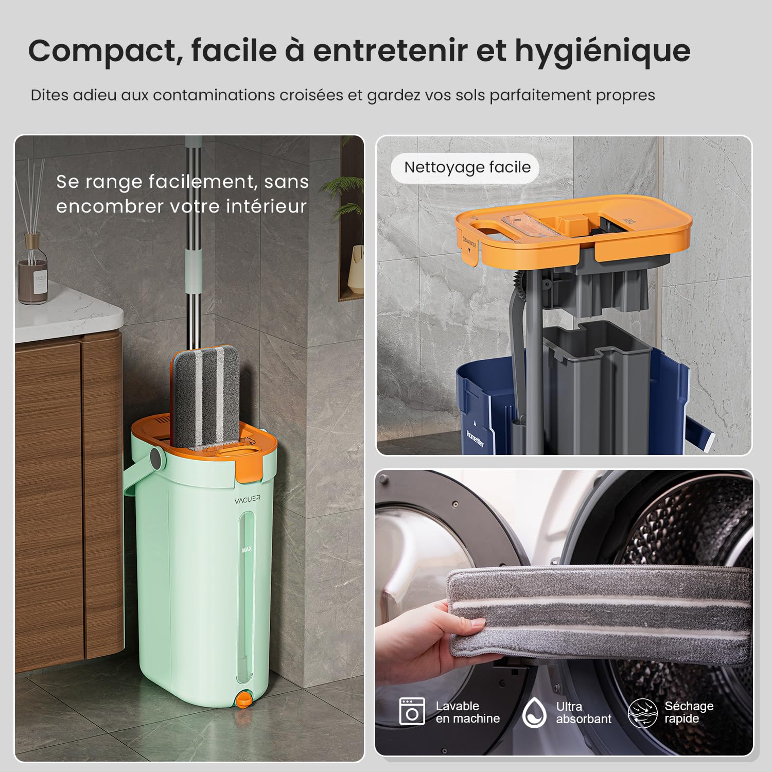 Scopa mocio centrifuga piatta 3 serbatoi K1-Pro, reale separazione acqua pulita e sporca, pulizia igienica senza sforzo, manico regolabile NOX, testa XL, x10 microfibra lavabili, marca francese