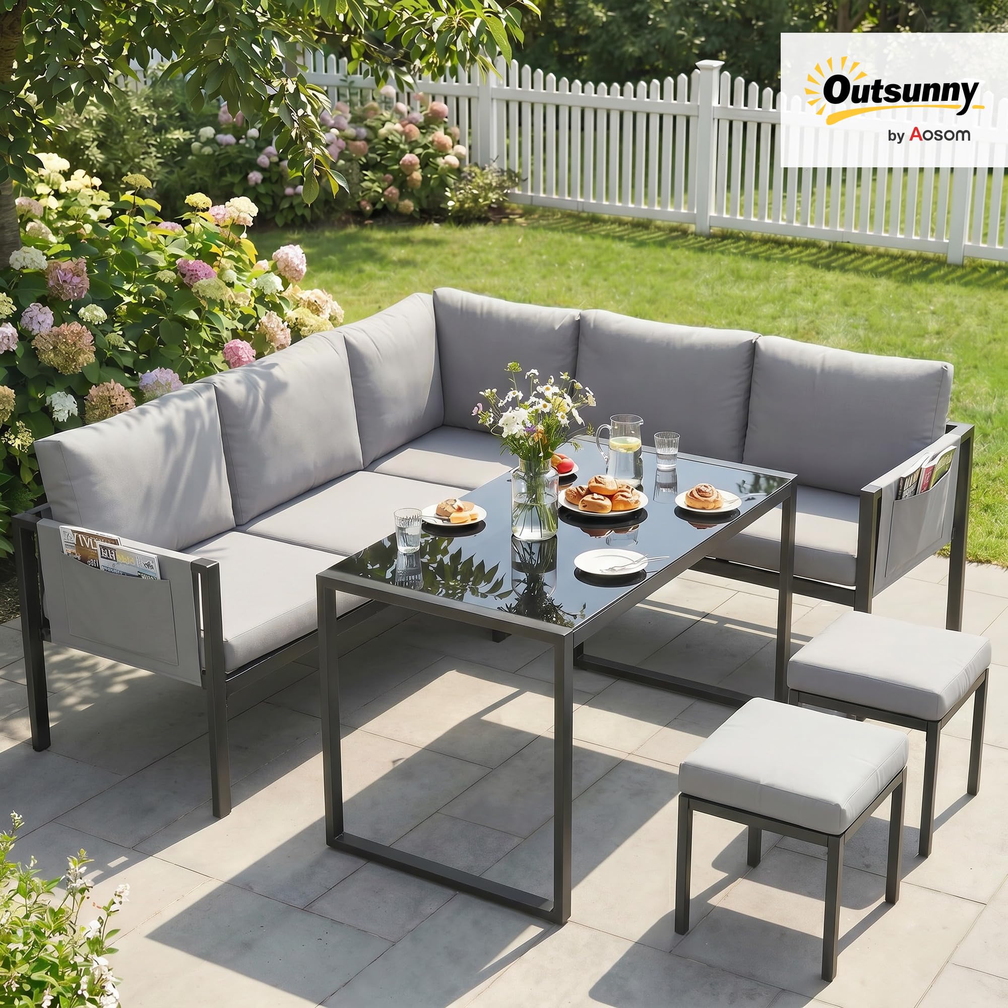 Outsunny Salon de Jardin 6 Pièces Canapé d'angle Extérieur Acier Gris | Ensemble Meuble de Jardin avec Coussins 10cm, Table Haute, 2 Repose-pieds, Mobilier de Terrasse 7 Personnes, Textilène