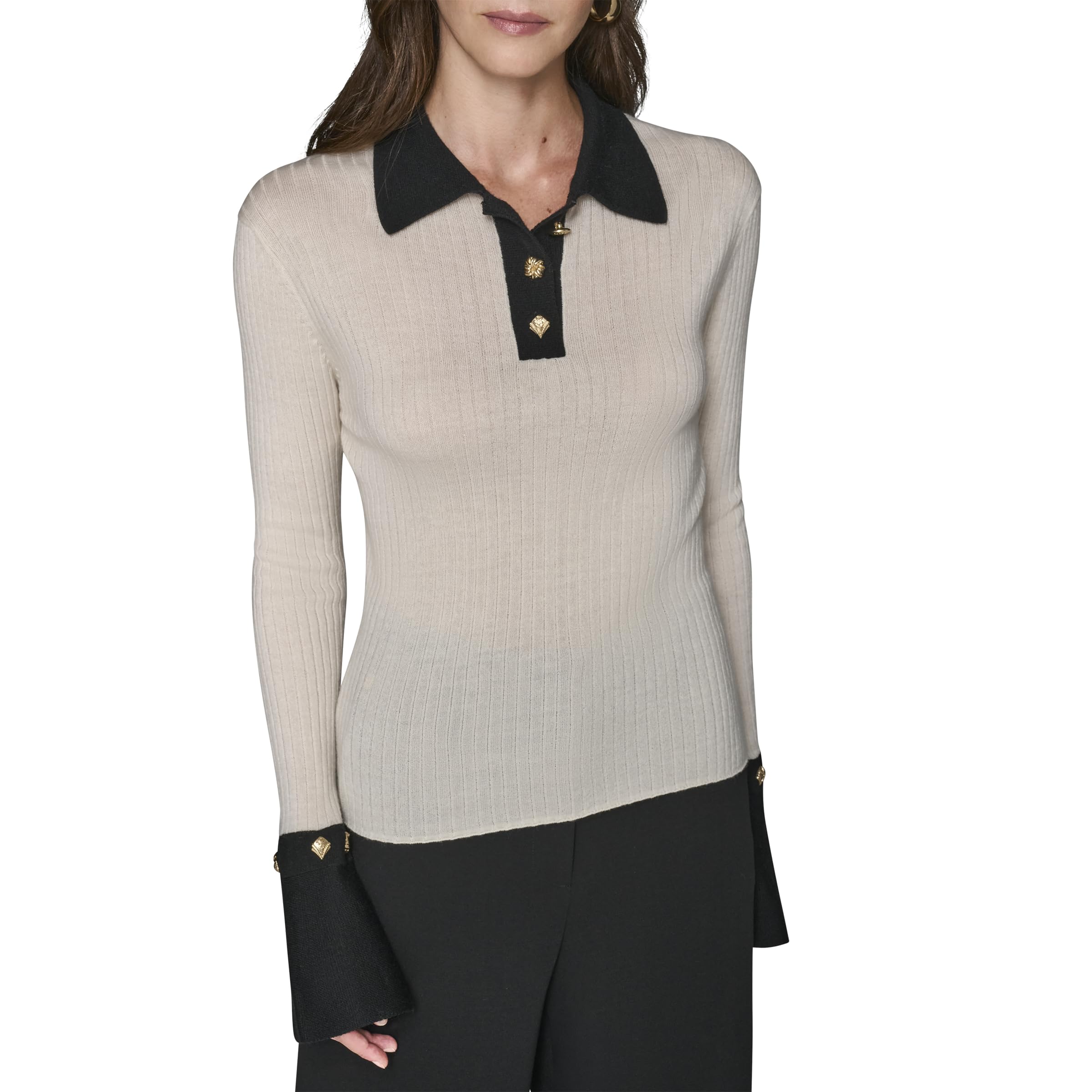 Karl Lagerfeld Womens Long Sleeve Collared Flared Sleeves Gold Buttons Sweater