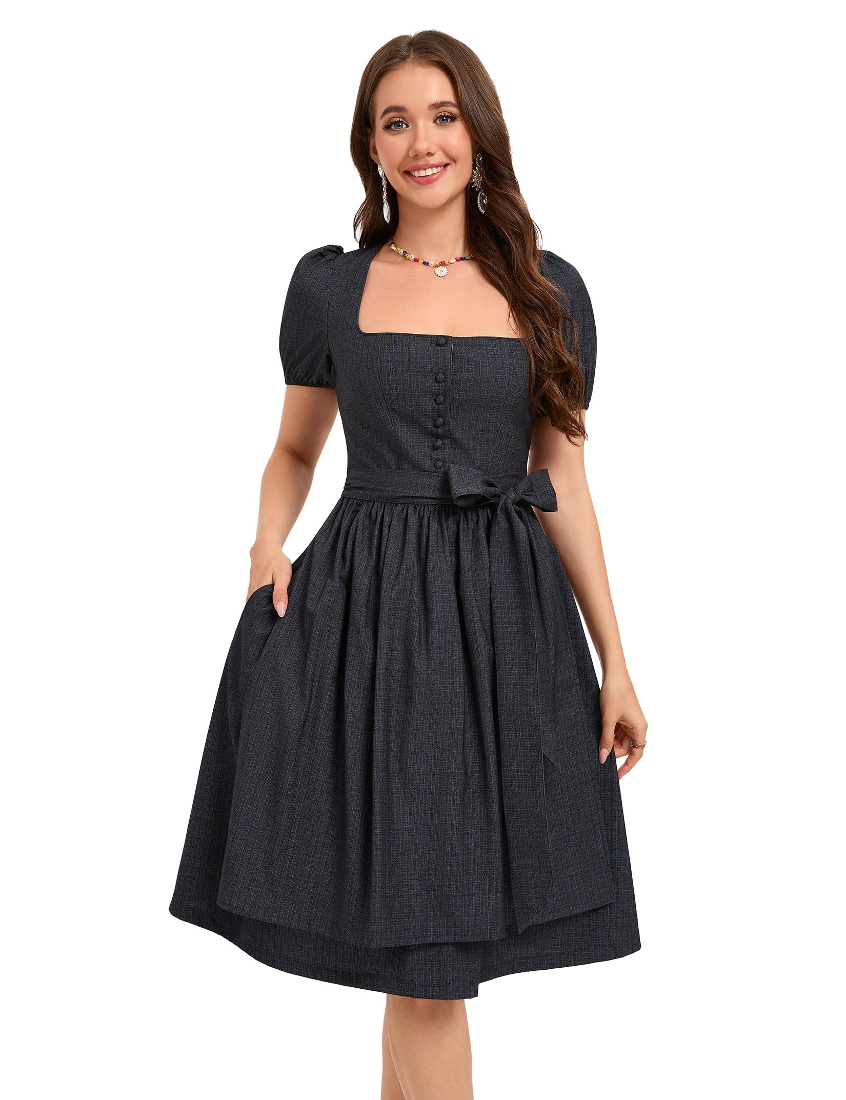 YesFashion Dirndl Damen Midi Trachtenkleid 3tlg. inkl.Dirndlbluse mit Puffärmeln, Rock und Dirndlschürze für Oktoberfest