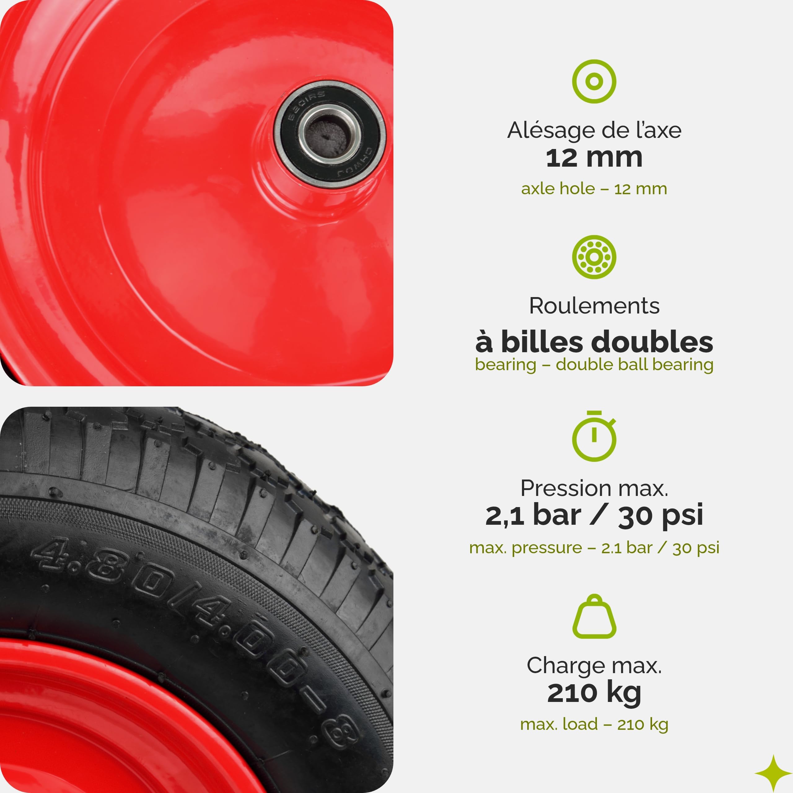Garronda Roue de brouette 4.80/4.00-8 avec axe, pneumatique 2PR Ø 390×95 mm, jante acier peinte, doubles roulements, valve auto, moyeu 97 mm alésage 12 mm – roue de remplaceme GD-0163, Noir-Rouge