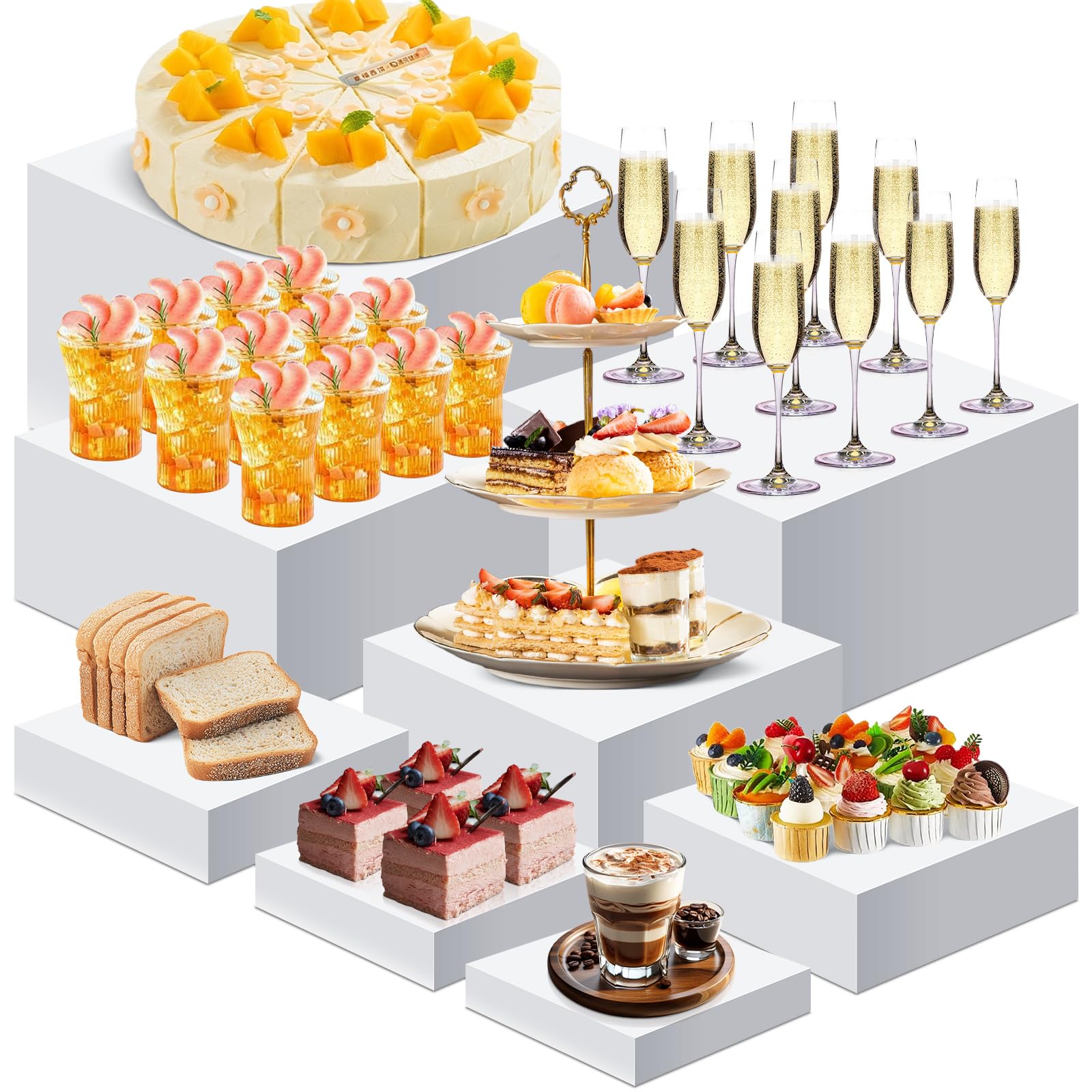 8PCS Buffet Risers, Food Risers for Buffet Table, Display Stand for Catering Dessert, White Acrylic Cube Boxes Nesting Risers for Cupcake Candy Food, Parties, Brunch (10'',9'',8'',7