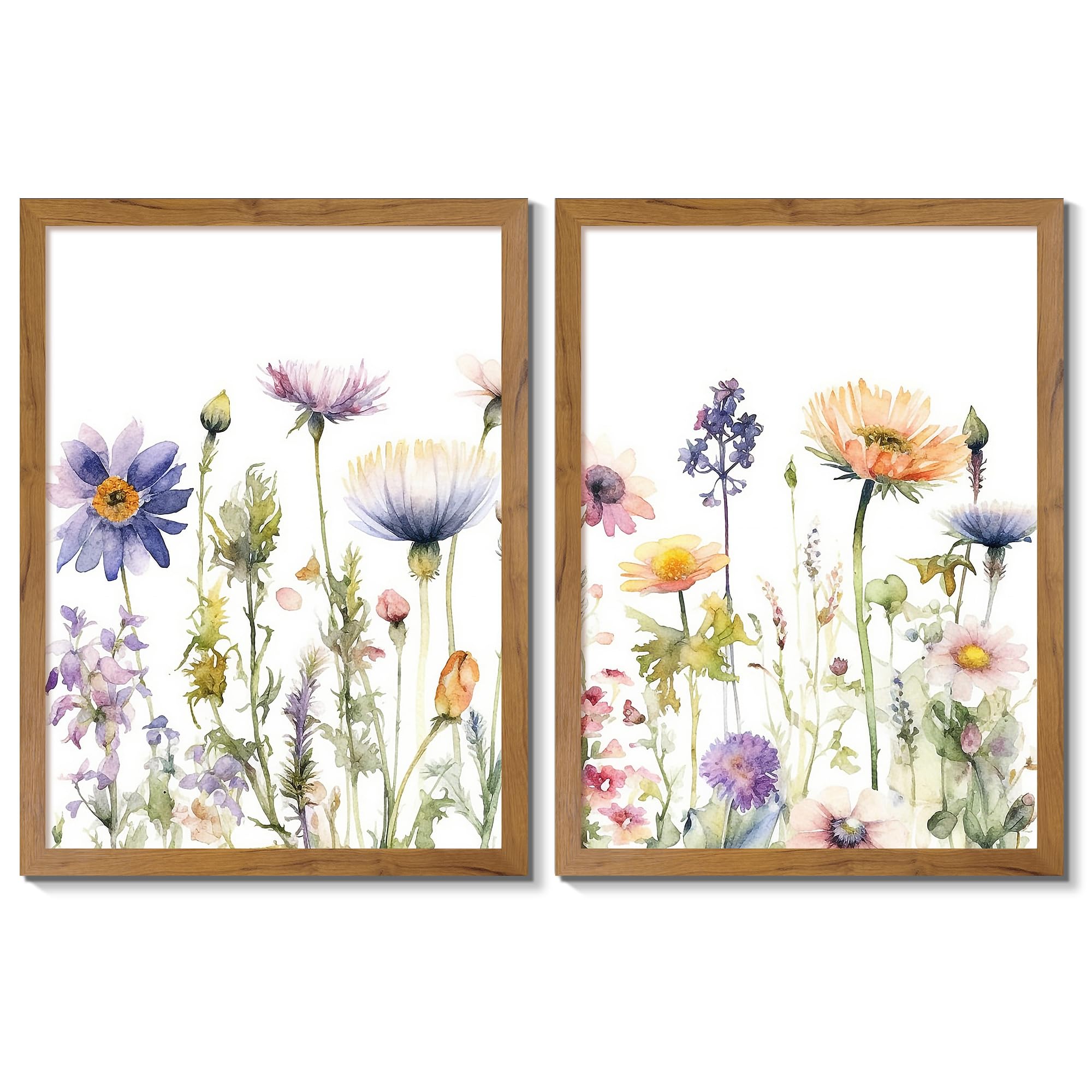 Gardenia Art Framed Watercolor Wildflower Pictures Canvas Wall Art Purple Daisy Flower Green Leaves Art Painting Colorful Plant Decor for Farmhouse Living Room Bedroom Bathroom Girls Room 2 Pieces Set