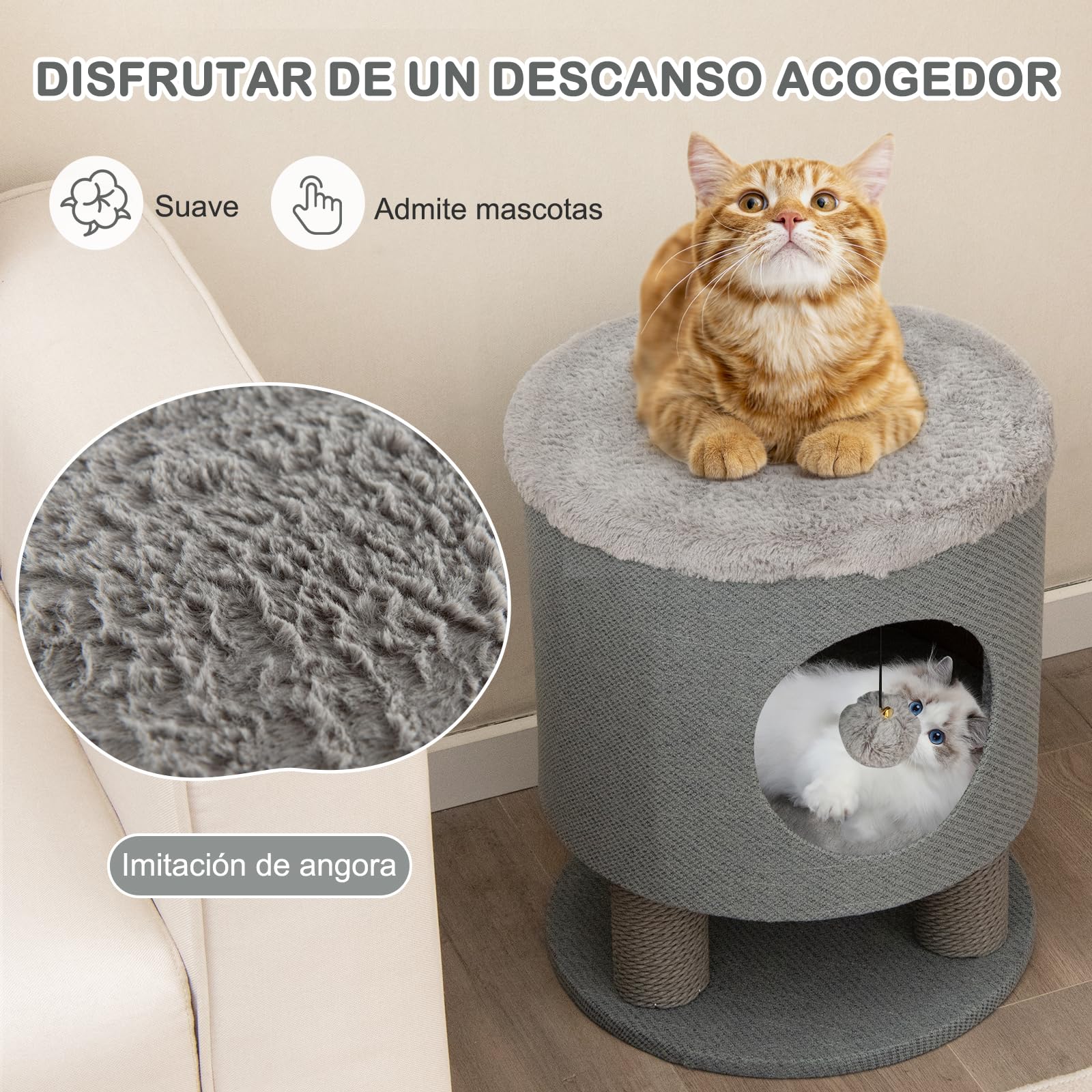 GYMAX Cueva para Gatos, Casa para Gatos con Funda Suave, Bola Colgante y Entrada Redonda, Árbol Rascador Acolchado con 3 Columnas para Rascar, Taburete Soporta hasta 60 kg (Gris)