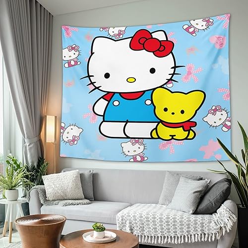 Miniatura 7 de Tapiz de anime Hello Kawaii de 50 x 60 pulgadas, decoración del hogar, un lindo gato y un perro amarillo, decoración de pared azul para dormitorio,