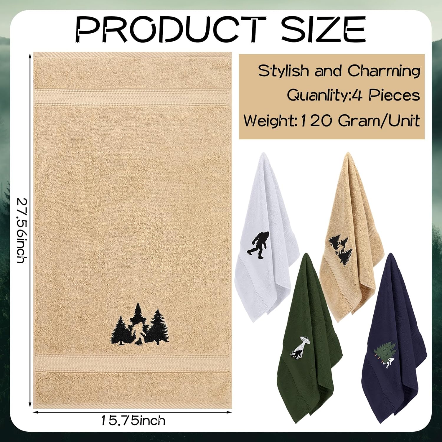 SmoothNovelty 4 Pcs Big Foot Hand Towels Embroidered 100% Cotton Bigfoot Sasquatch Bathroom Towels Absorbent Soft for Bathroom Kitchen Decor, 15.75 x 27.56''