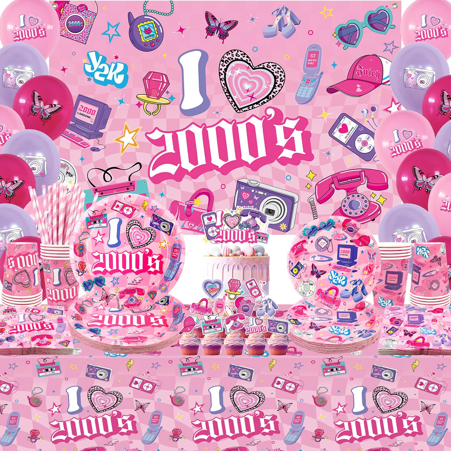 Y2K Party Decorations, 2000s Party Decorations, Plates Cups Napkins Tablecloth Y2K 2000s Backdrop Balloon Cake Toppers for 00s Girls Women Bachelorette Pink Birthday Party Supplies, Serves 20