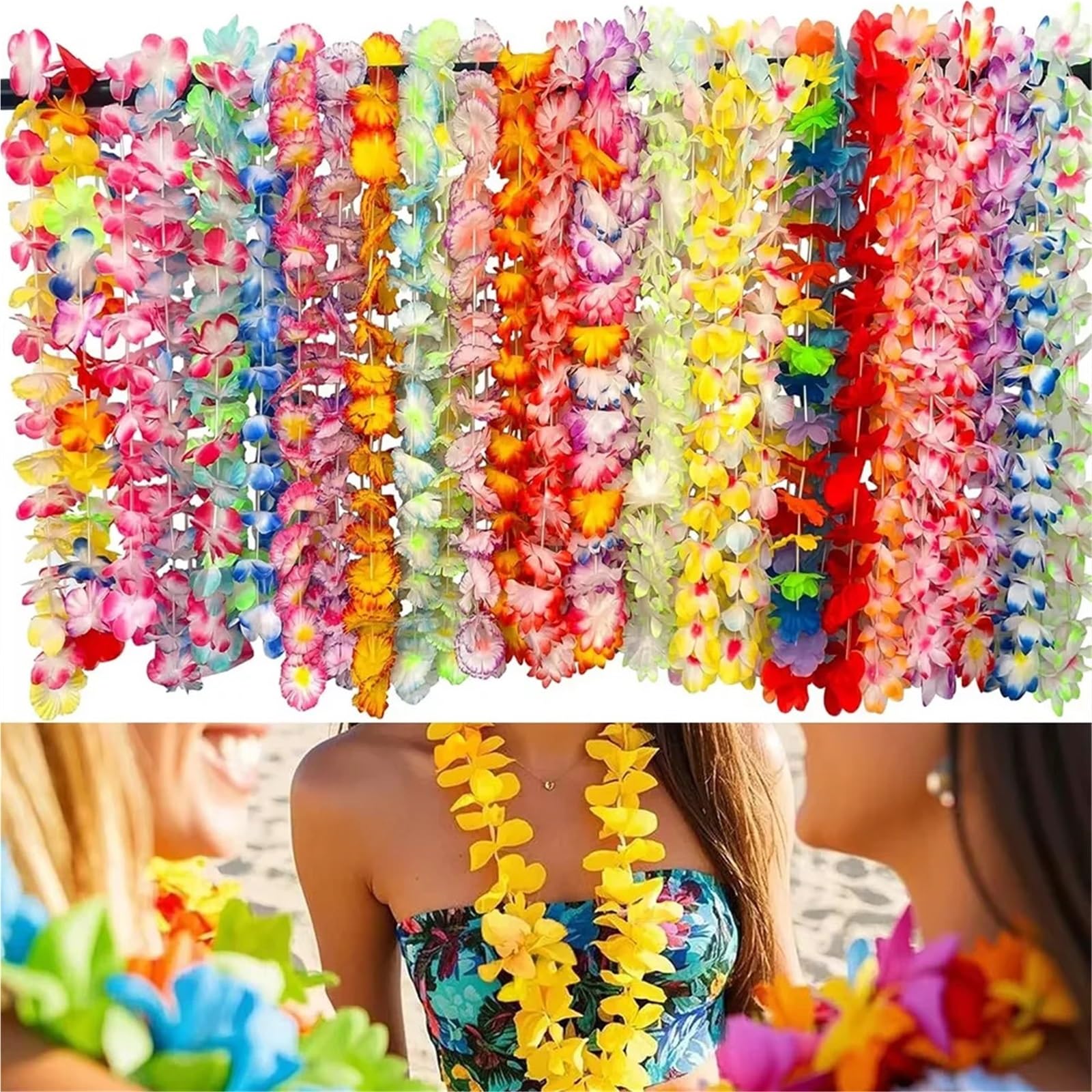 Hawajskie kwiatowe girlandy, Hawajska impreza Leis Mieszany zwrotnik Kwiatowy dekolt Letnia plaża Hula Dance Decor Supp 24/36szt(36pcs(mixed))
