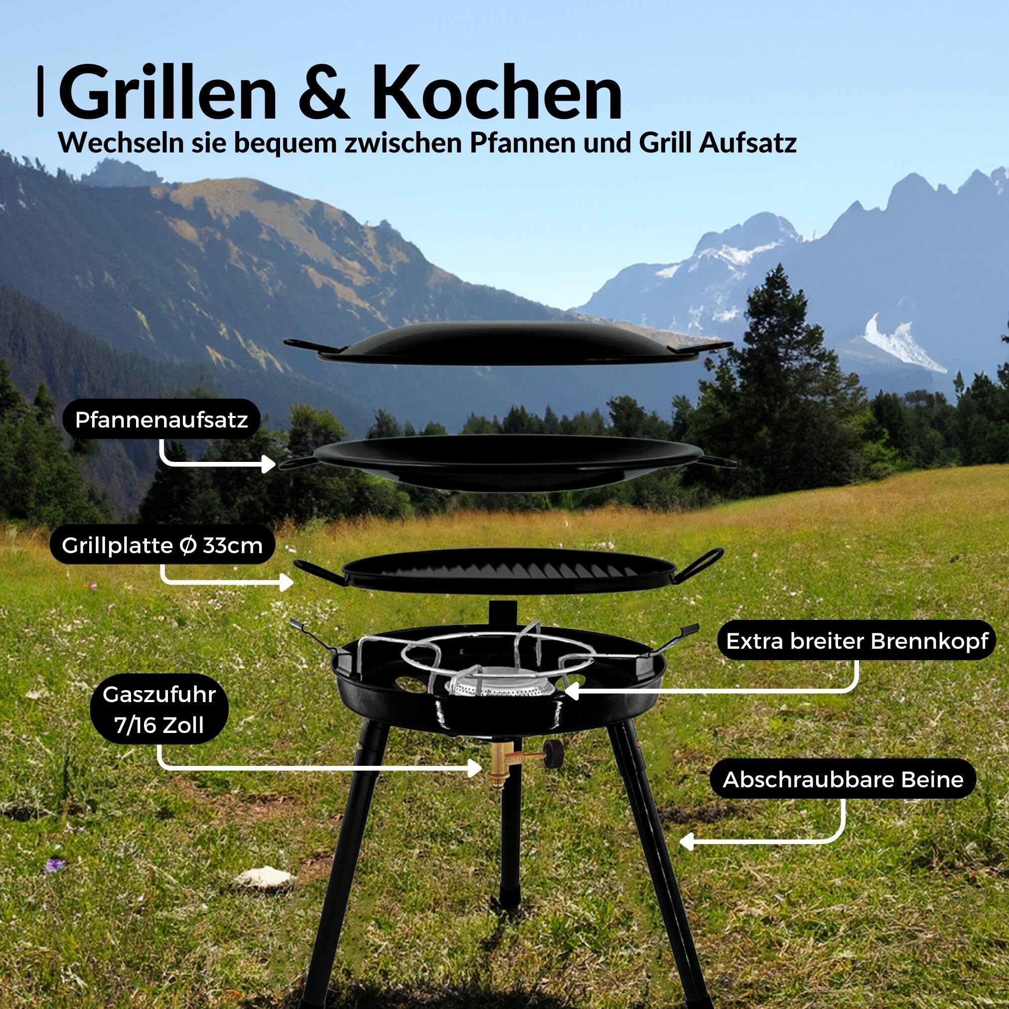 Gasgrill mit Pfanne & Wok + 4 Kartuschen (300g) | für Schraubgaskartuschen | Auseinanderschraubbar | Campinggrill, Party-Grill für Camping, Festivals & Outdoor (Gaskocher + 4 Kartuschen)