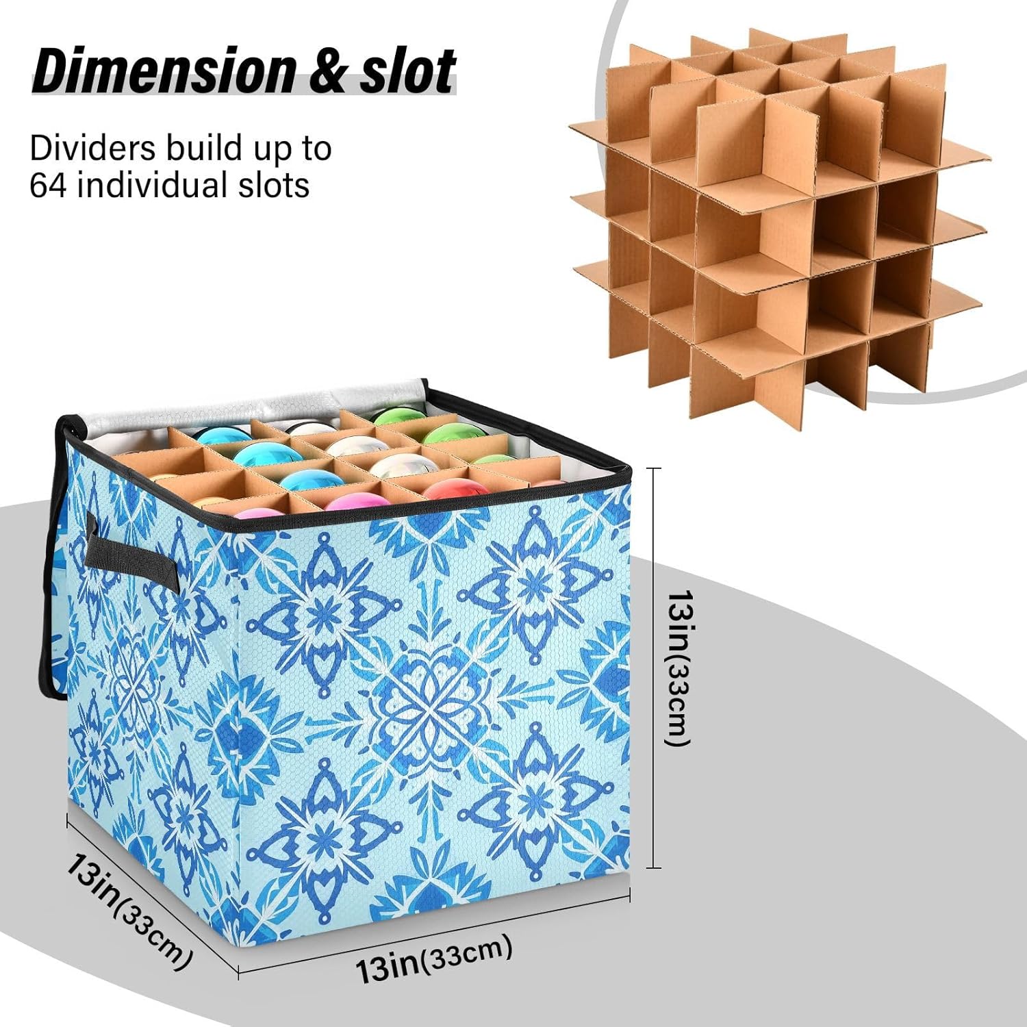 High Capacity Christmas ornament storage containers Holds Up to 64, Zippered Top Large christmas decoration storage with Lid,Snowflake Pattern Blue