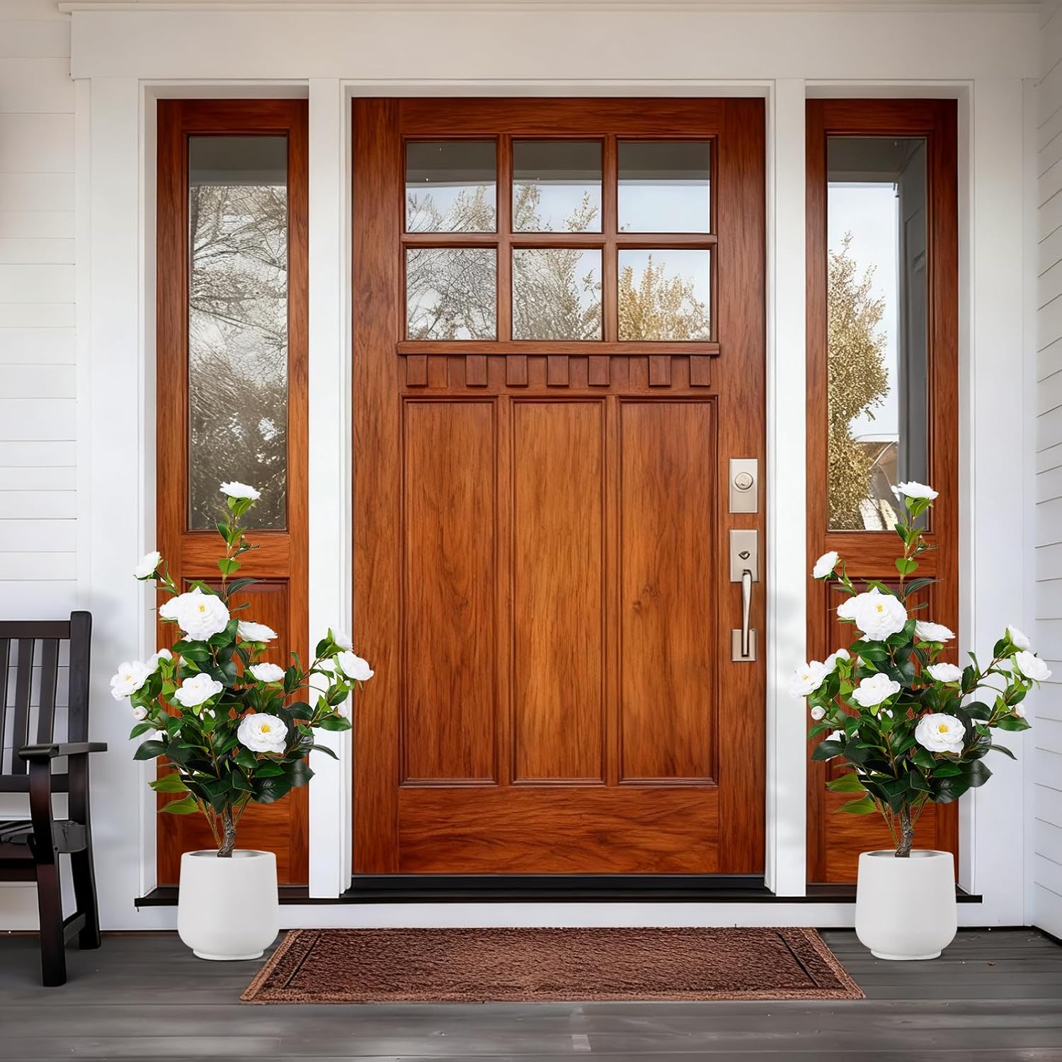 Artificial Camellia Tree 2 Pack, 3FT Faux Camellia Tree with Planter, Fake Plants Potted Camellia with Lifelike Flower for Living Room Office Decor Indoor