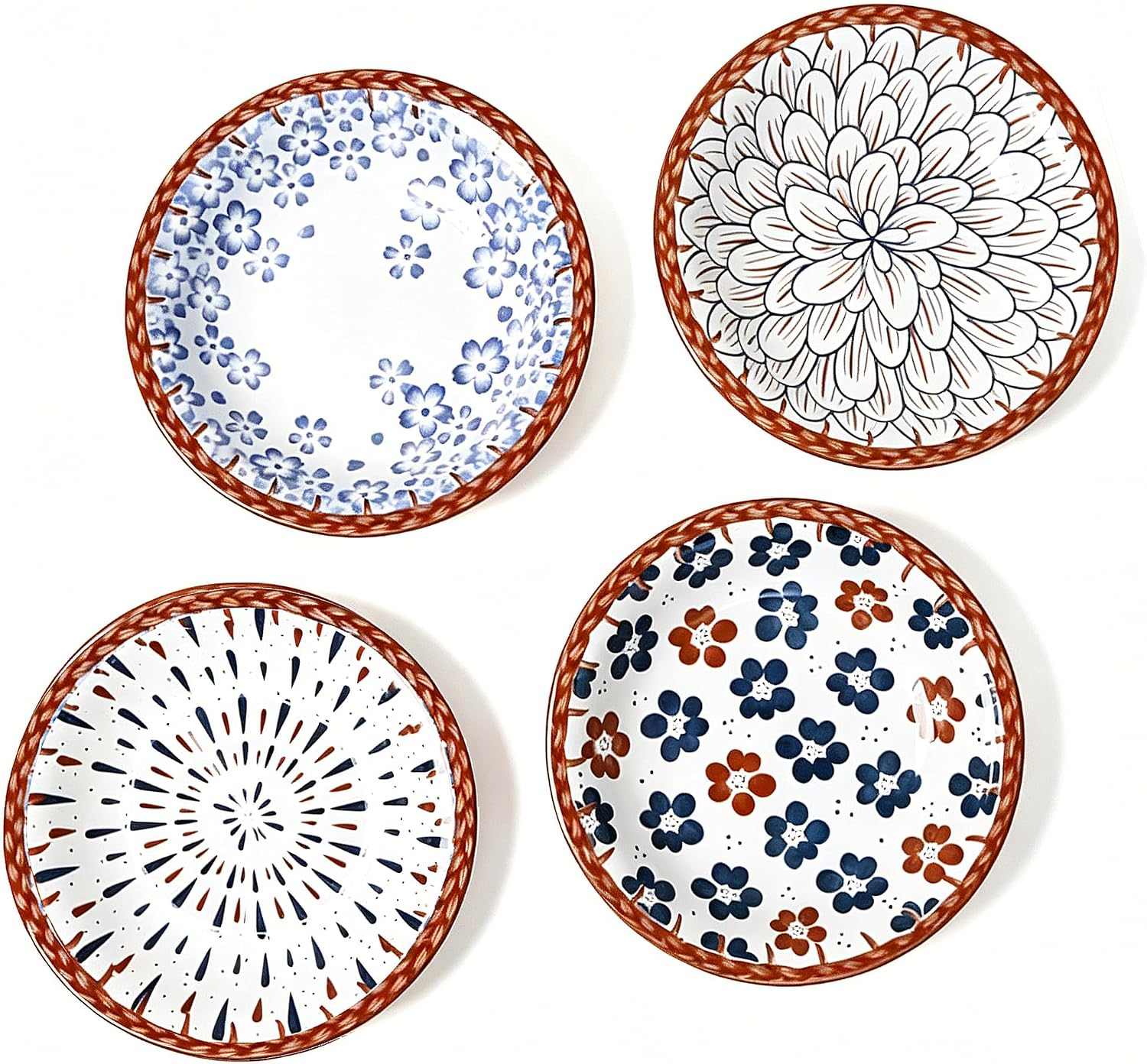 7.5in Ceramic Dessert Plates, Set of 4, Floral, Japanese Style