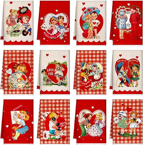 12 toallas de cocina para el día de San Valentín de 16 x 23.6 pulgadas, color rojo, decoración de cocina, vintage, corazón, día de San Valentín,