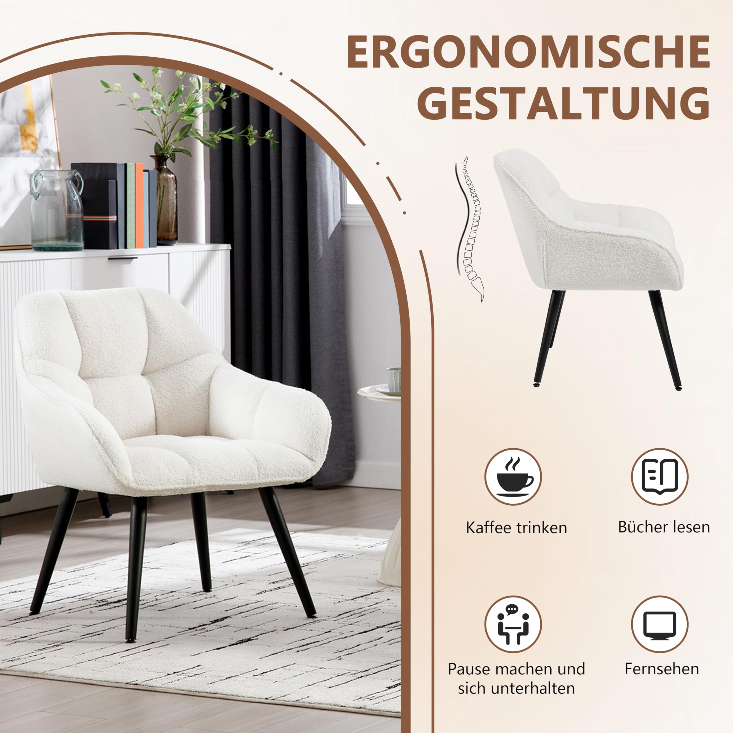 WOLTU Relaxsessel mit Polster, Weicher Schaumstoff, Metallbeinen, Creme | Ohrensessel modern, Lesesessel mit Frottee-Bezug, bis 150 kg, Sessel Wohnzimmer, Schlafzimmer, Wohnzimmer, Balkon