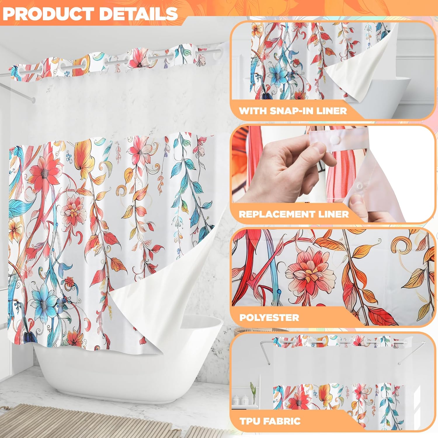 Hookless Shower Curtain with Snap-in Liner Set, Floral, Vibrant Watercolor Fabric, See Through Sheer Window, Washable, 3 Magnet Weights, No Hook, Waterproof, Boho Farmhouse, Standard Size