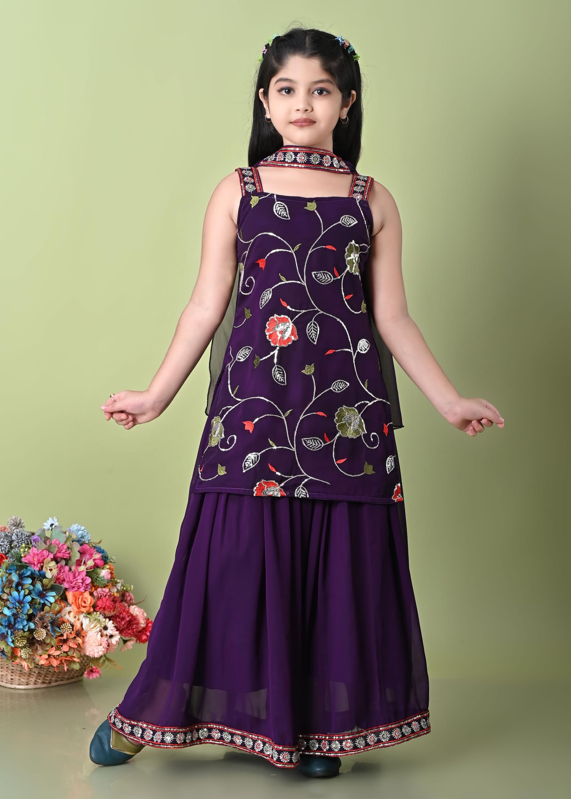 SPAMitude - Georgette Embroidery Sequin Kurta, Skirt and Dupatta Set for Girls – Ethnic Party Dress I Birthday Trendy Classic Outfit I Square Neck Sleeveless (PURPLE, 9-10 YEARS) - Image 5 thumbnail