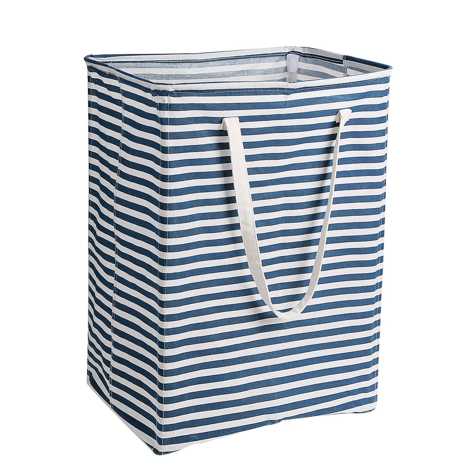 SAWNZC Laundry Hamper 96L Extra Large Collapsible Laundry Basket with Handle 4 Detachable Rods Waterproof Cotton Linen Foldable Bathroom, Bedroom Storage Basket for Clothes, Toys(Blue/White Striped)