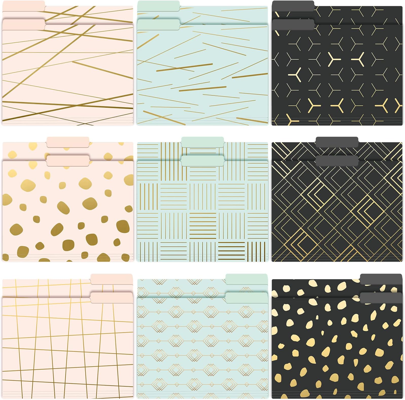 EOOUT 18 Pack Decorative File Folders, Geometric Gold File Folders, Colored Letter Size File Folders, 1/3-Cut Tabs, 9.5 x 11.5 Inch, for Office, School, Students