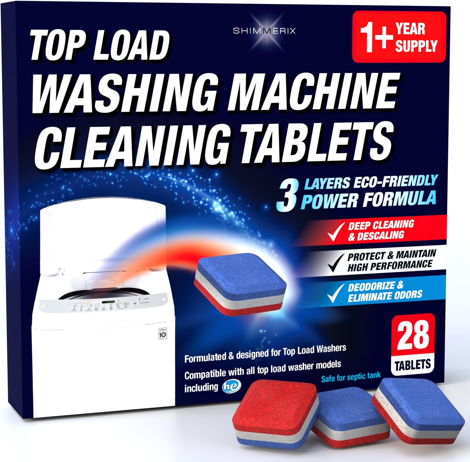 Washing Machine Cleaner Tablets 28 Pack for HE Top Load - Eco Friendly Washer Machine Cleaning Tablets - 3 Layers Septic Safe Wash Machine Full Deodorizer Descaler Protector - 1 Plus Year Supply