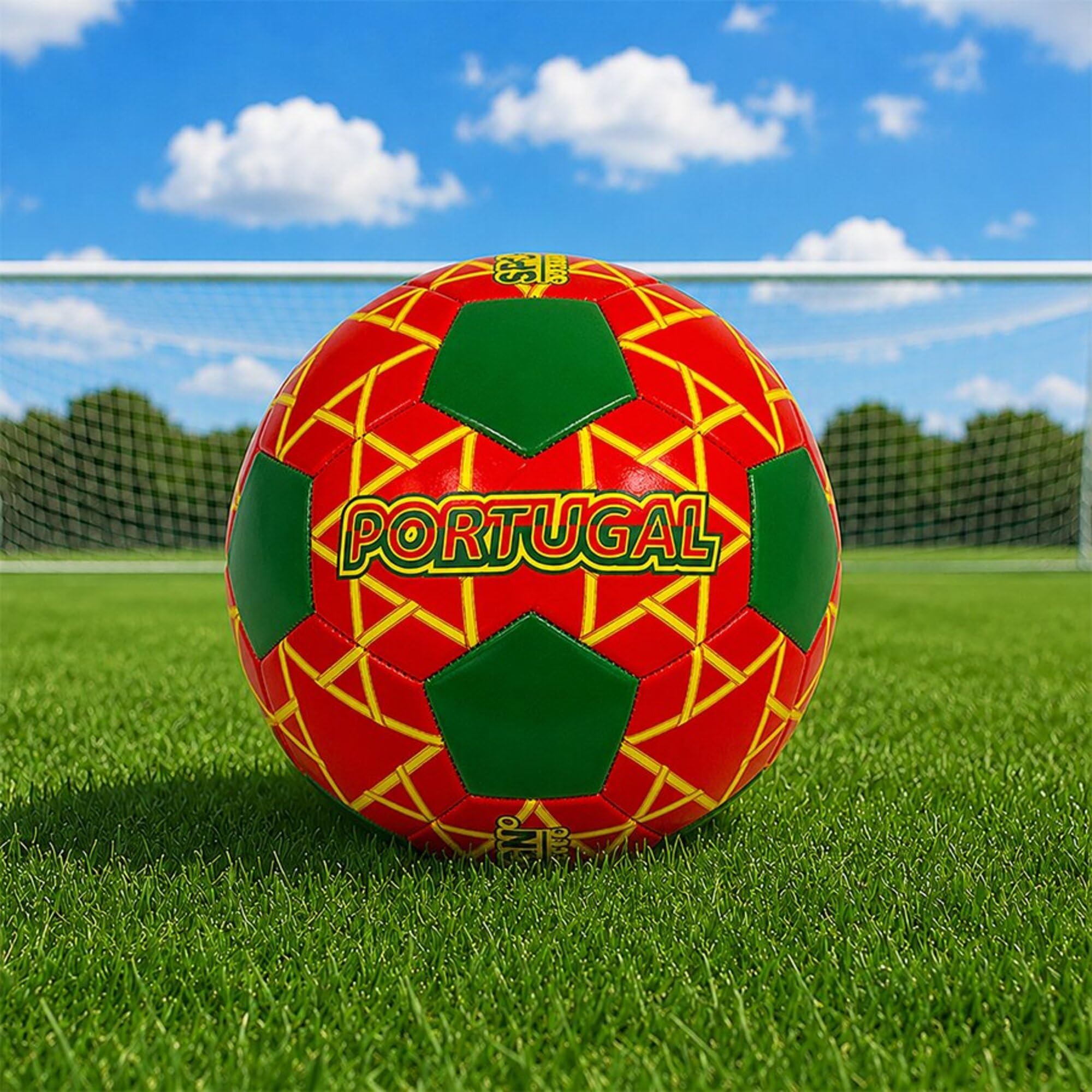 Sport Design: Piłka nożna - Portugalia - Projekt międzynarodowej drużyny krajowej: czerwono-zielono-żółta, zszyta piłka 32 panelowa, oficjalny rozmiar 5, skóra syntetyczna