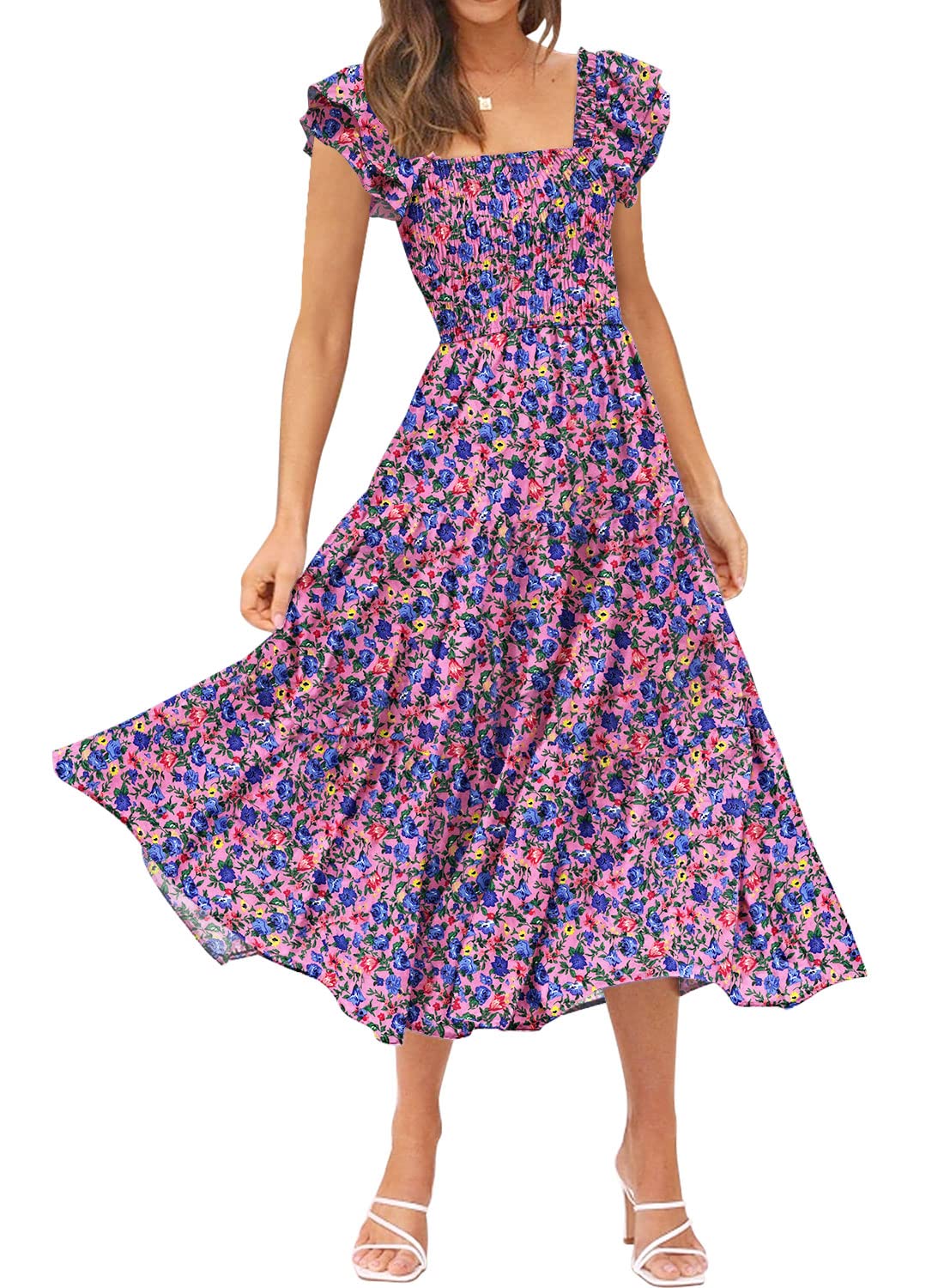 DOROSE Women's Summer Floral Dress Square Neck Smocked Boho Midi Dress Ruffle Tie Back Flowy Beach Long Tiered Dress