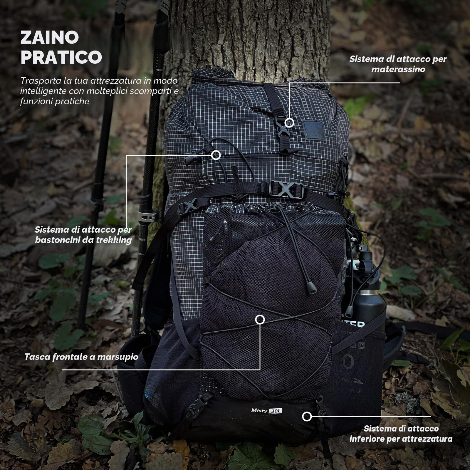 Zaino Trekking 35L Pieghevole, Zaino da Viaggio Ultraleggero