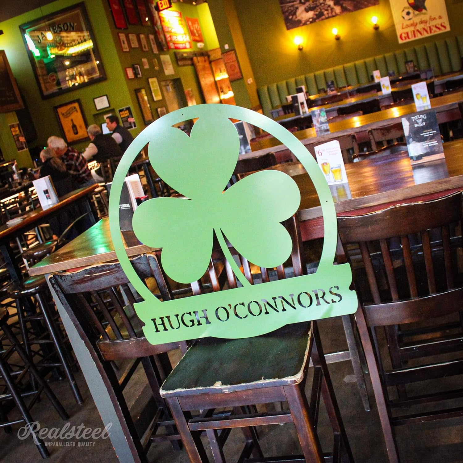 RealSteel Shamrock Monogram Metal Sign – Personalized Irish Clover Wall Art – St. Patrick’s Day Decorations – Custom Name Sign for Home, Kitchen, Entryway – Irish Heritage Gift Décor - 24", Green