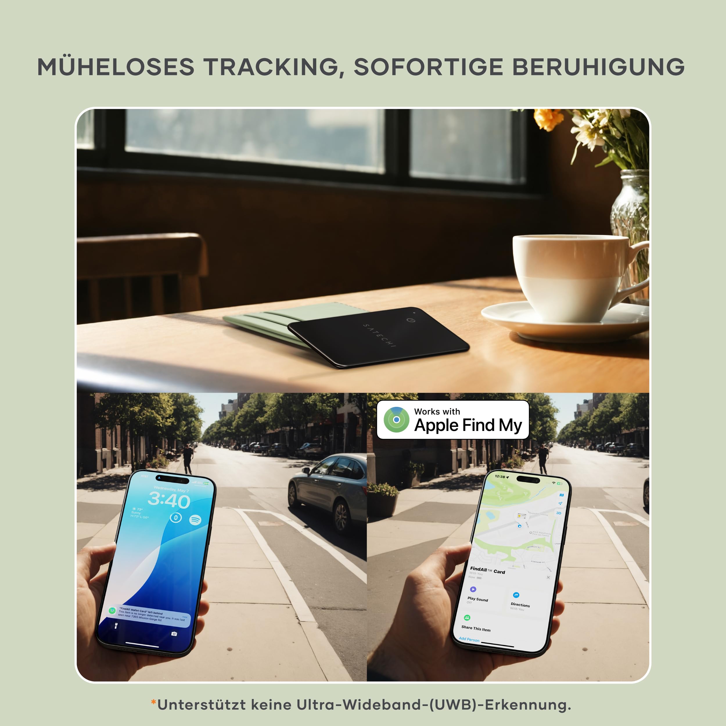 SATECHI FindAll Wallet-Kartenetui mit Find My, Tracker, Ortung, Standortverfolgung – für Geldbörsen mit Trennungsalarm, Tonsignal und kabelloser Aufladung, komp. mit iPhone, iPad & Mac – Schwarz