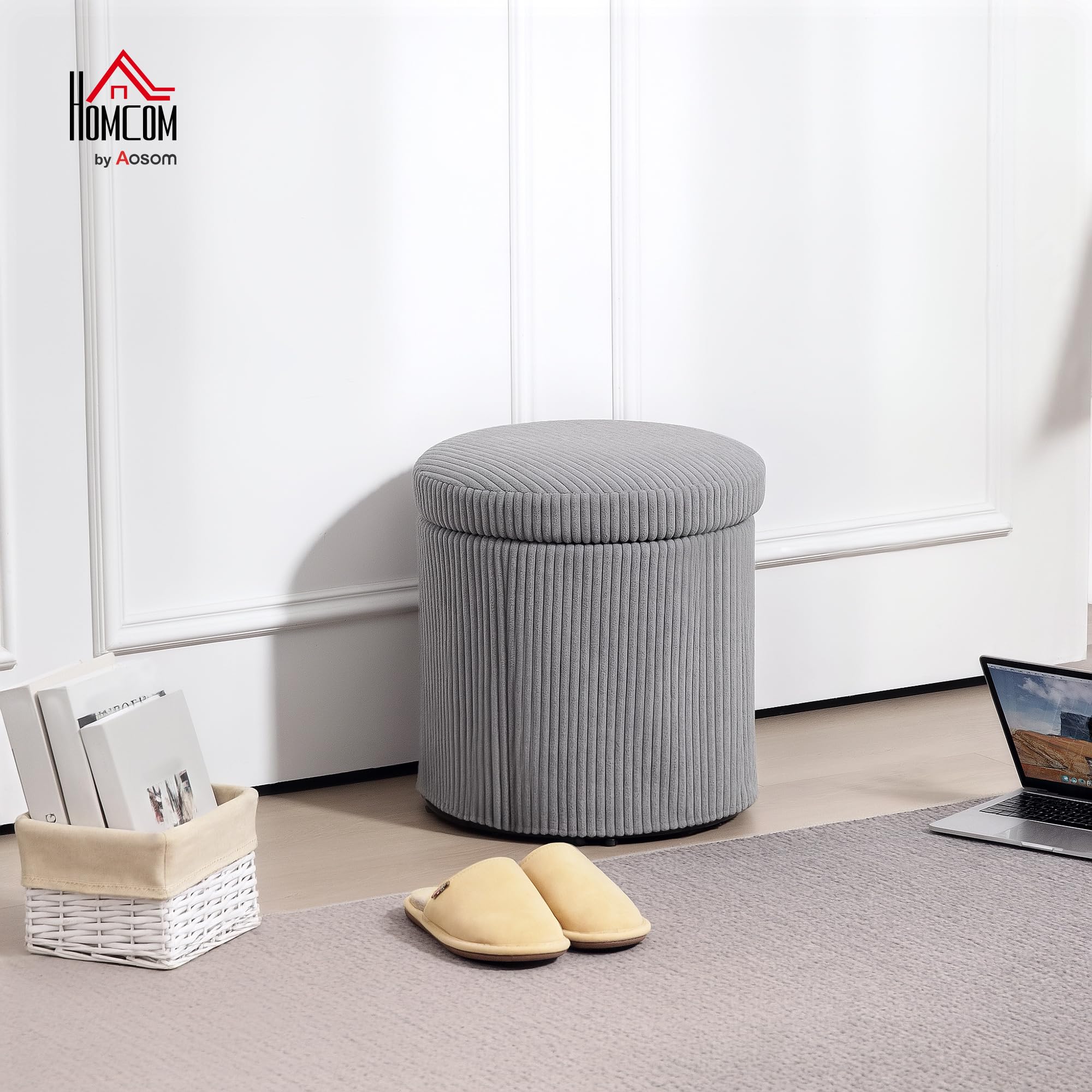 HOMCOM Pouf Rotondo Portaoggetti Baule Ø40x41 cm Grigio Chiaro | Rivestimento in velluto a coste, seduta imbottita, coperchio rimovibile, per ingresso, camera da letto, soggiorno.
