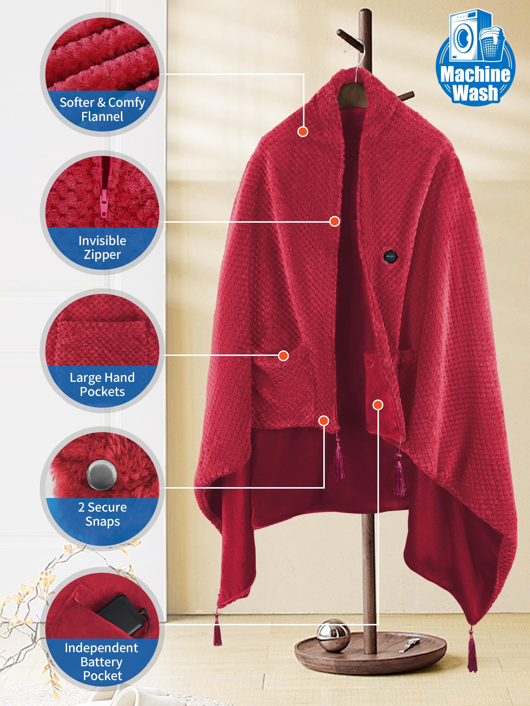 Coperta Riscaldante Elettrica con 20000 mAh Batteria senza fili, Coperta Indossabile Termica Elettrica con 4 Zone di Riscaldamento e 3 Livelli di Temperatura (Rosso, 100 x 150 cm)