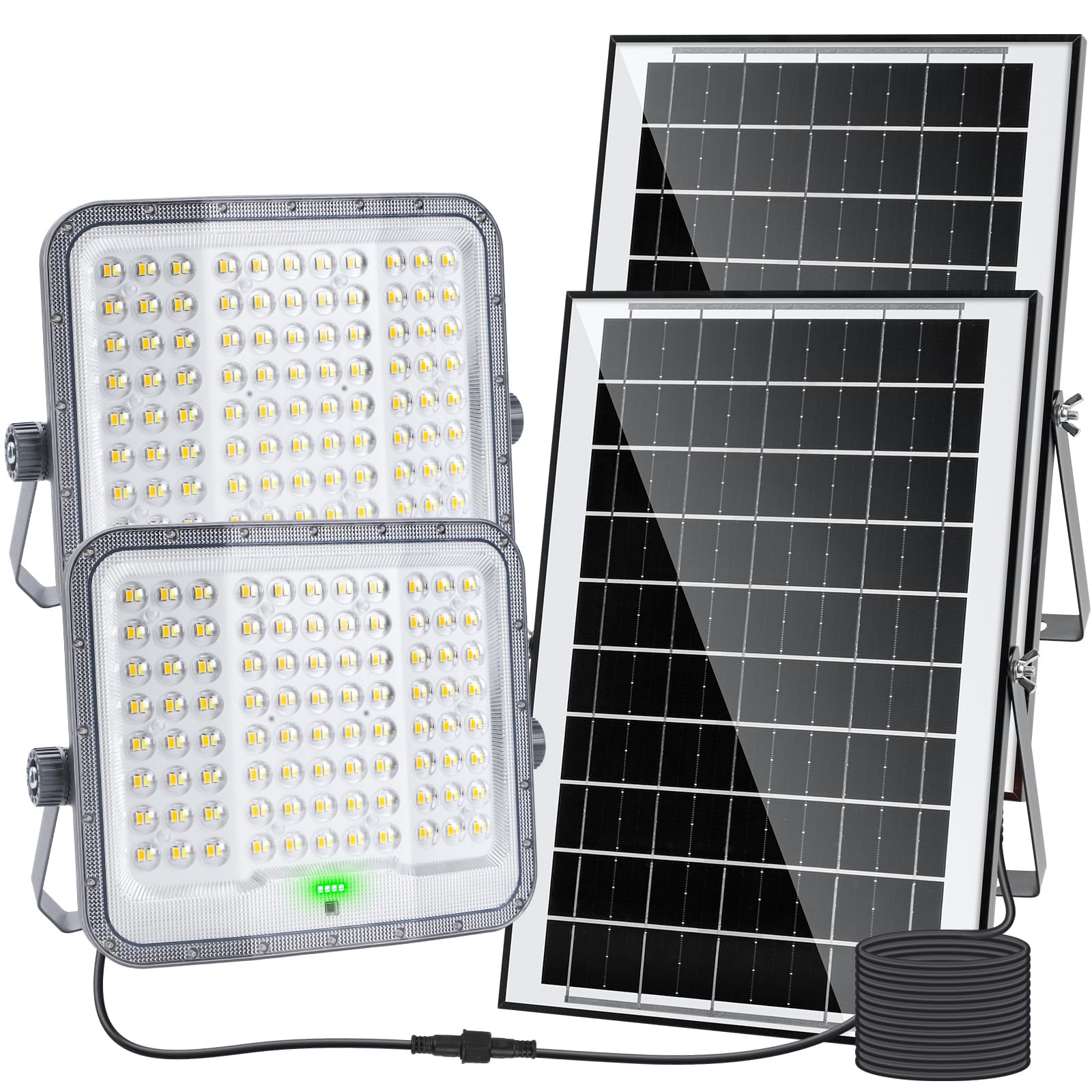 Aigostar Foco proyector LED con gran panel solar，Cable de 5m，150W，1500lm，10000mAH，Batería de gran capacidad.regulable 3000/4000/6500K.Uso interior/exterior IP65:Porches，Jardín，Camino，Piscina，2 Piezas