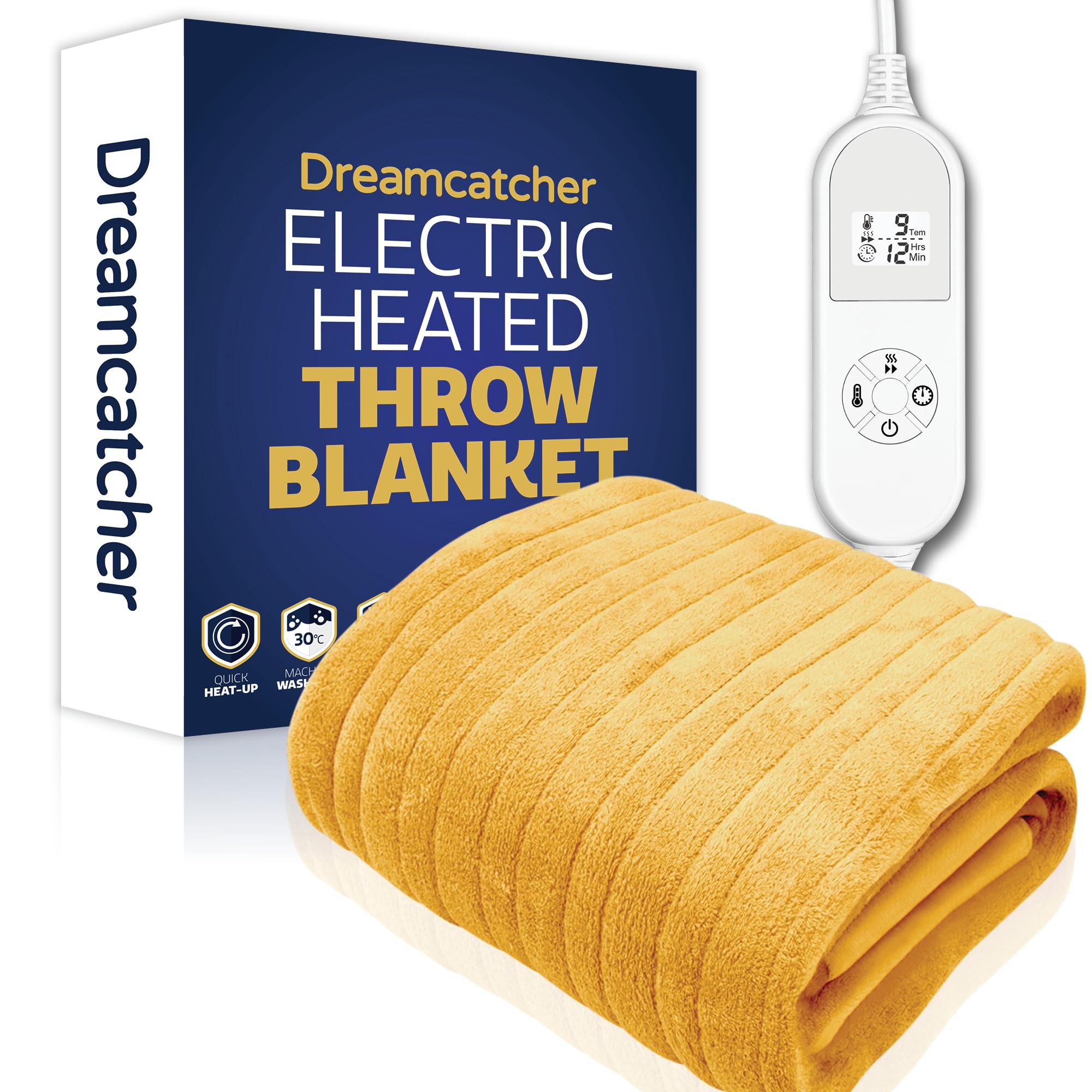 Dreamcatcher Gold Heated Throw Electric Blanket, 160 x 120cm Heated Blanket Machine Washable Soft Fleece Electric Throw Overblanket with 12HR Timer and 9x Control Heat Settings