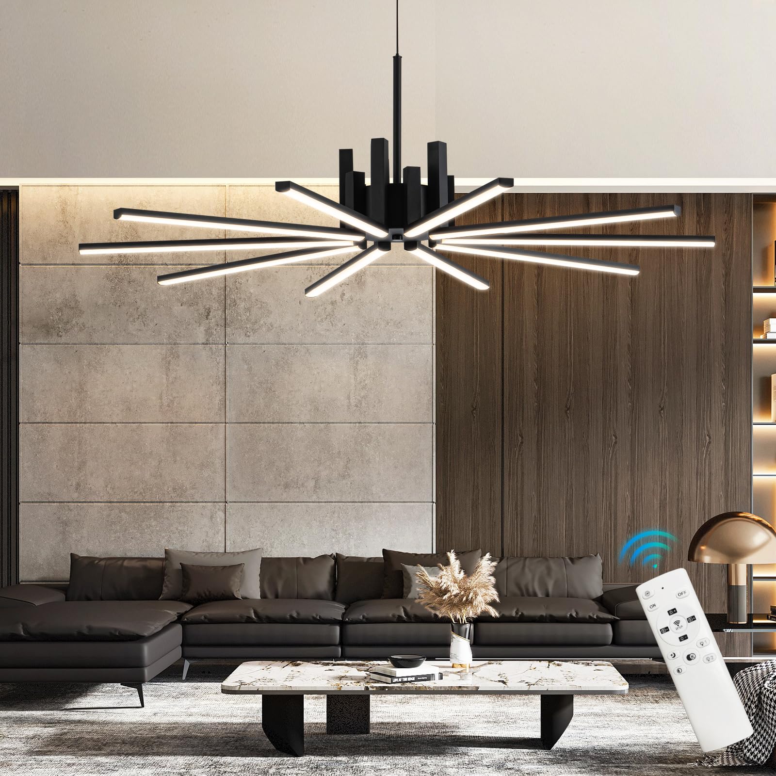 Jyforid Black Modern Sputnik Chandelier with Remote Control, 56W 3-Color Temperature Dimmable LED Chandelier for Dining Room, Hanging Adjustable