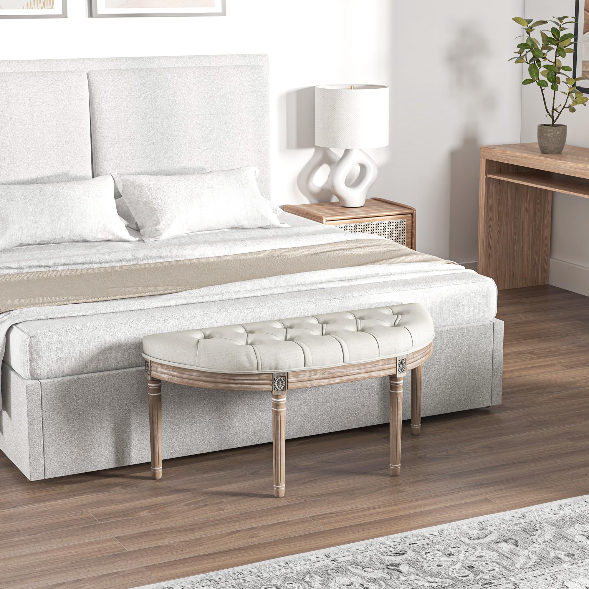 HOMCOM Banc Bout de lit Banc d'entrée en Forme Demi-Lune Capitonnée Crème | Banquette, Style Louis XVI, Structure en Bois Massif Sculpté Patiné, Siège en Tissu Aspect Lin