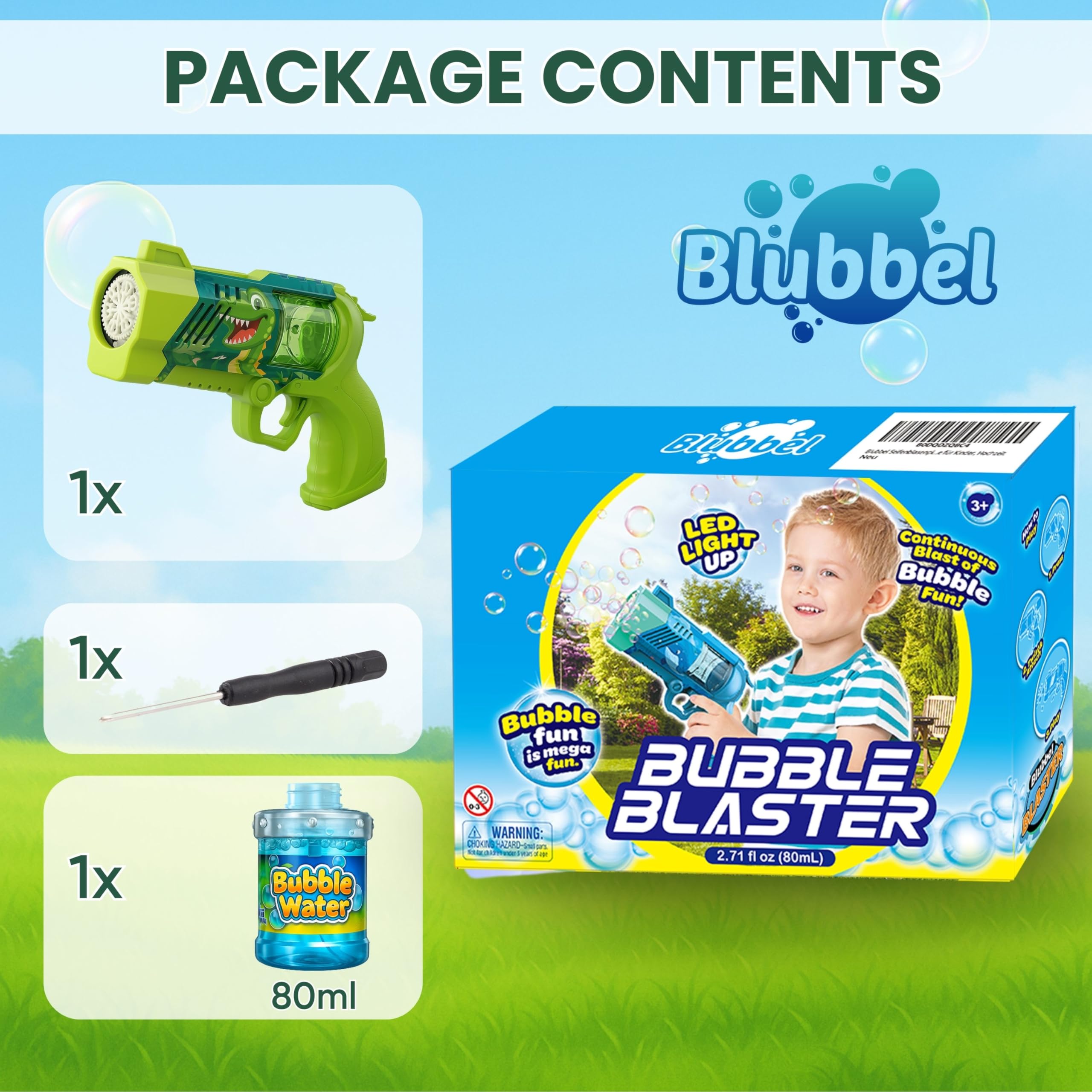 Blubbel Pistolet do Baniek, Maszyna z LED, Zbiornik 80ml, Armata Bańkowa, Powietrzna Bazooka, Prezent dla Dzieci, Na Wesele