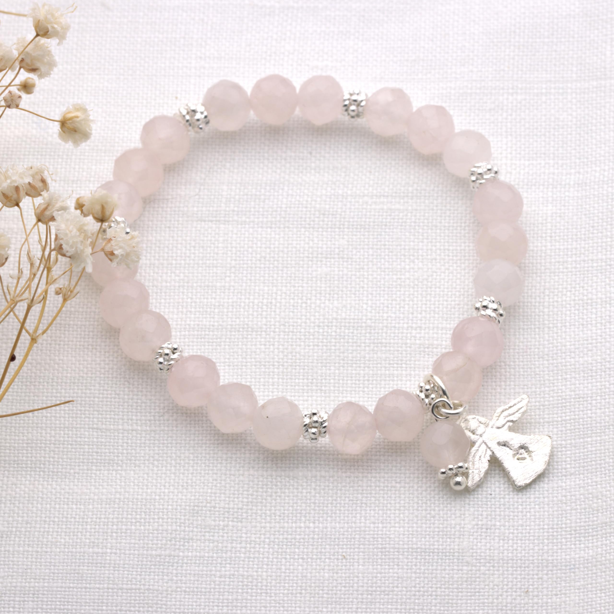 KARYSMA Rosenquarz-Armband Damen mit Schutzengel Silber für Mädchen zur Kommunion, Naturstein