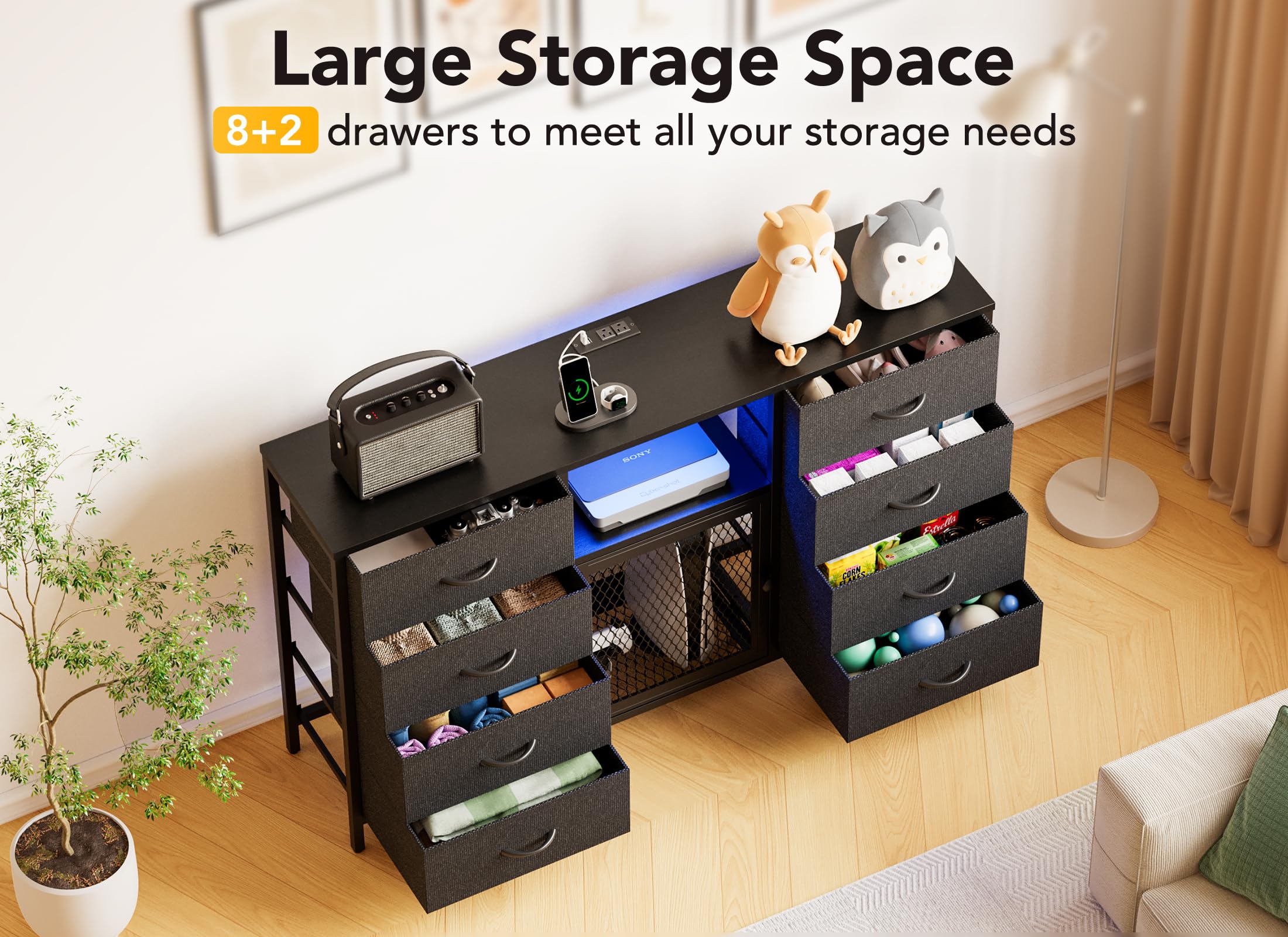 Decofy Dresser for Bedroom with LED Lights and Power Outlets, 8 Drawers TV Stand Dresser for 65 Inch TV, Fabric Chest of Drawers with Open Shelves,  Dressers for Bedroom, Closet