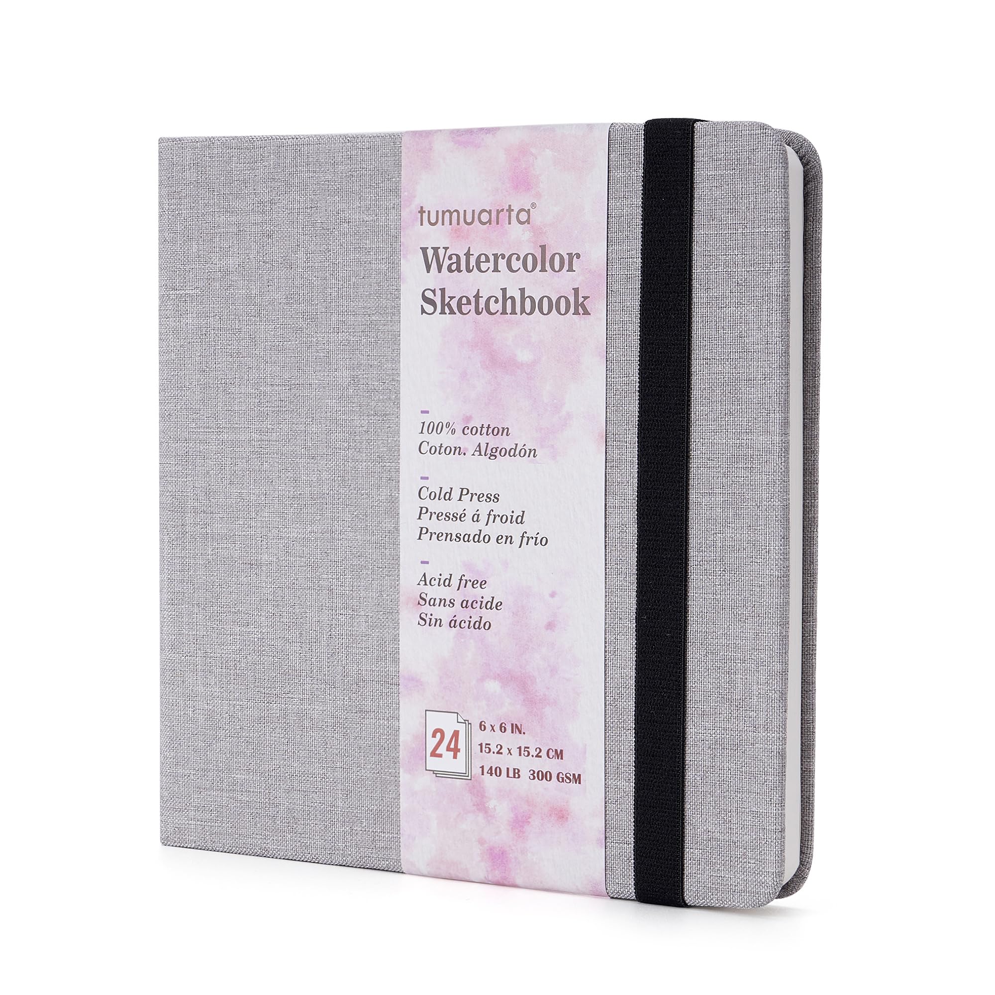 Tumuarta Gray Square Watercolor Sketchbook, 300Gsm 100% Cotton Paper, 15X15 Cm, 24 Sheets, Acid Free, Cold Press,Plein Air Watercolor Journal Use For Mixed Media Pad On The Go.