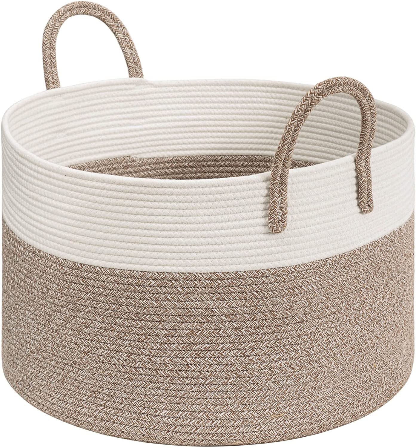 THE WHITE SHOPExtra Large Storage Basket for Blakets | Decorative Cute Laundry Hamper Basket for Clothes | Cotton Rope Basket for Blankets | Nursery Laundry Basket & Towel Hamper/white-brown