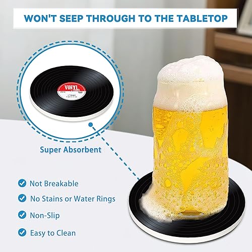 Miniatura 4 de Juego de 4 posavasos para bebidas, posavasos redondos para tocadiscos antiguos de 4 pulgadas, posavasos de cerámica absorbente con base de corcho,