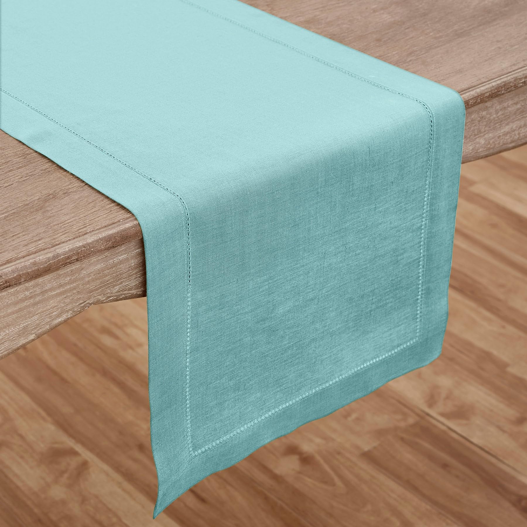Solino Home Linen Aqua Blue Table Runner 60 Inches - Classic Hemstitch, 100% Pure Linen Coffee Table Runner 14 x 60 Inch Ideal for Dresser Tables - Summer