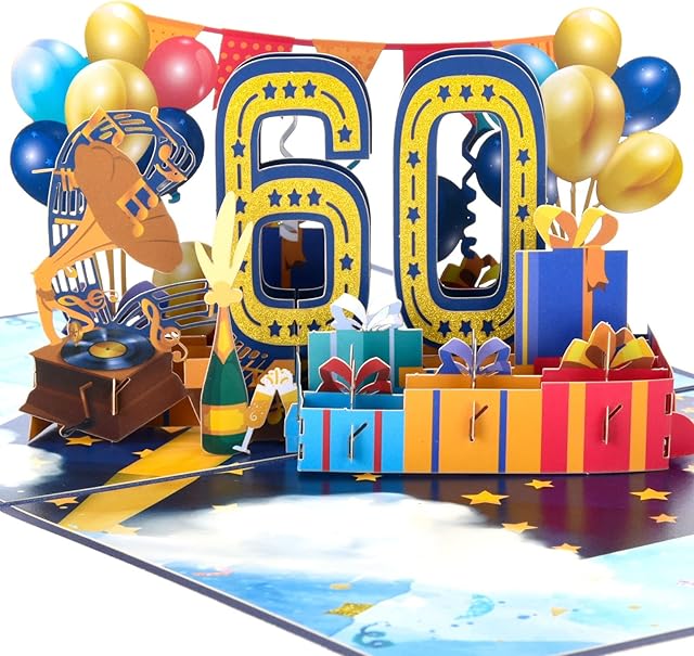 Dacitiery 60th Birthday Card, 3D Pop Up Greeting Card, Laser Cut Balloon Gramophone Birthday Banner Design Birthday Card Gifts for Men,Women, Mum, Dad, Wife, Husband, and Friends 60th Birthday