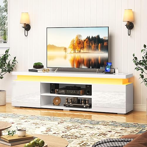 Miniatura 2 de Hlivelood Soporte de TV LED para TV de 75 pulgadas, moderno soporte de TV con toma de corriente, consola de TV de alto brillo con almacenamiento y