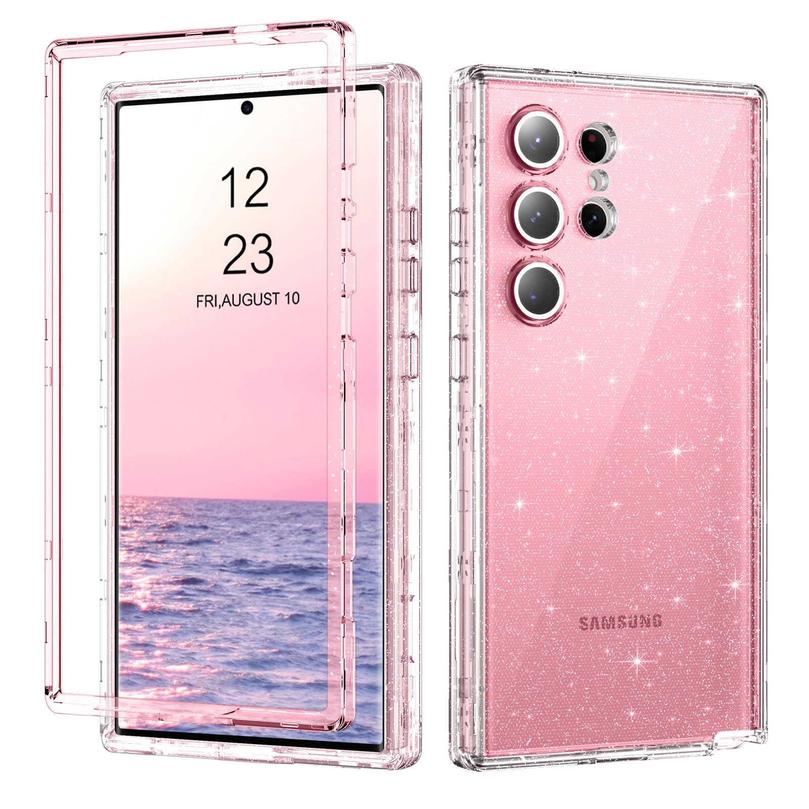 DUEDUE for Samsung Galaxy S24 Ultra Case, Glitter Sparkle 3 in 1 Heavy Duty Cover Hybrid Hard PC Rugged Shockproof Transparent Protective Bling Phone