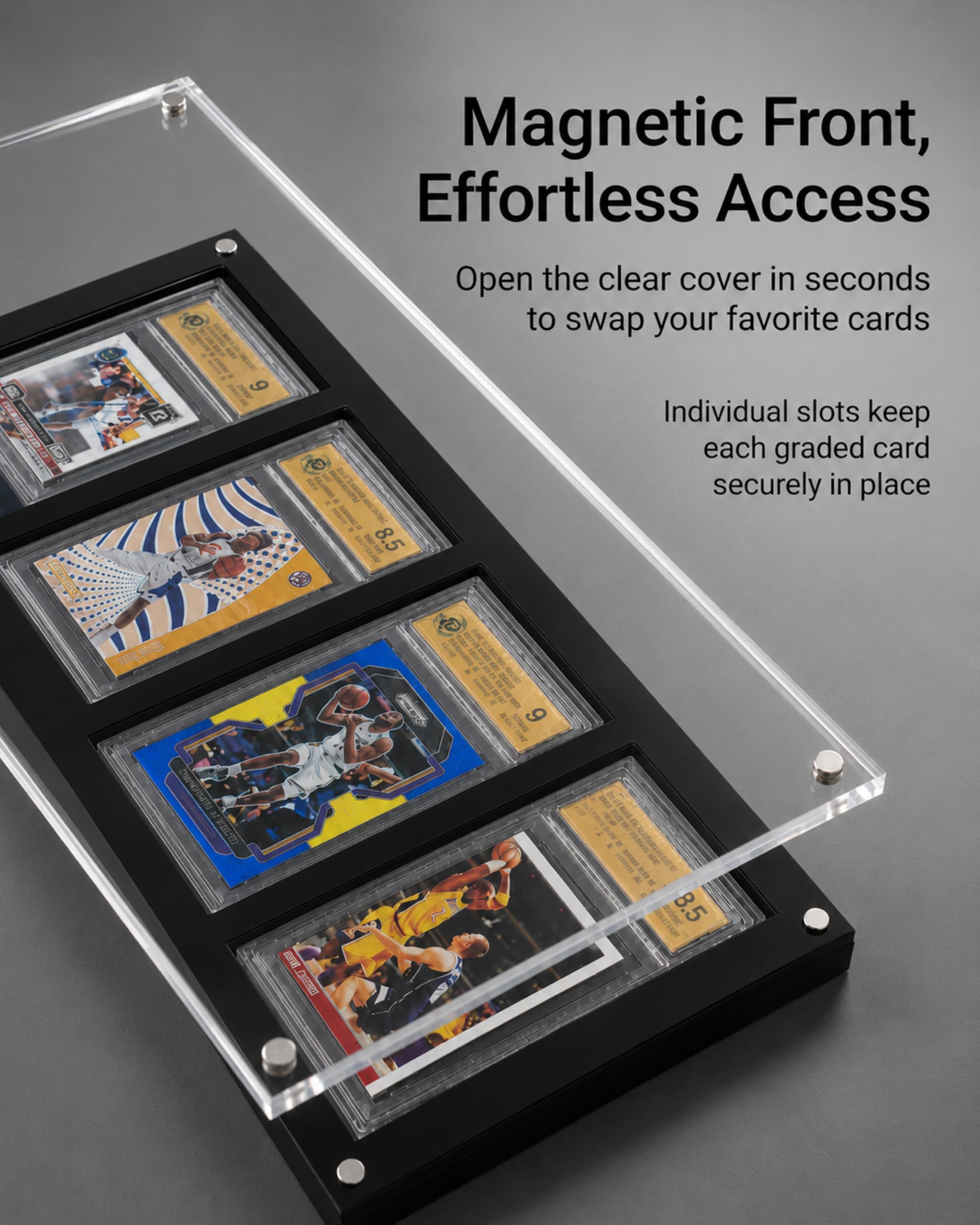 Amazon.com: Acrylic Graded Card Display Frame for PSA Slabs, 3-Card PSA  Slab Display Case with Magnetic Front Panel, Black Acrylic Wall Mount or  Desktop Holder for Sports Trading Card Collection, 1 Pack :