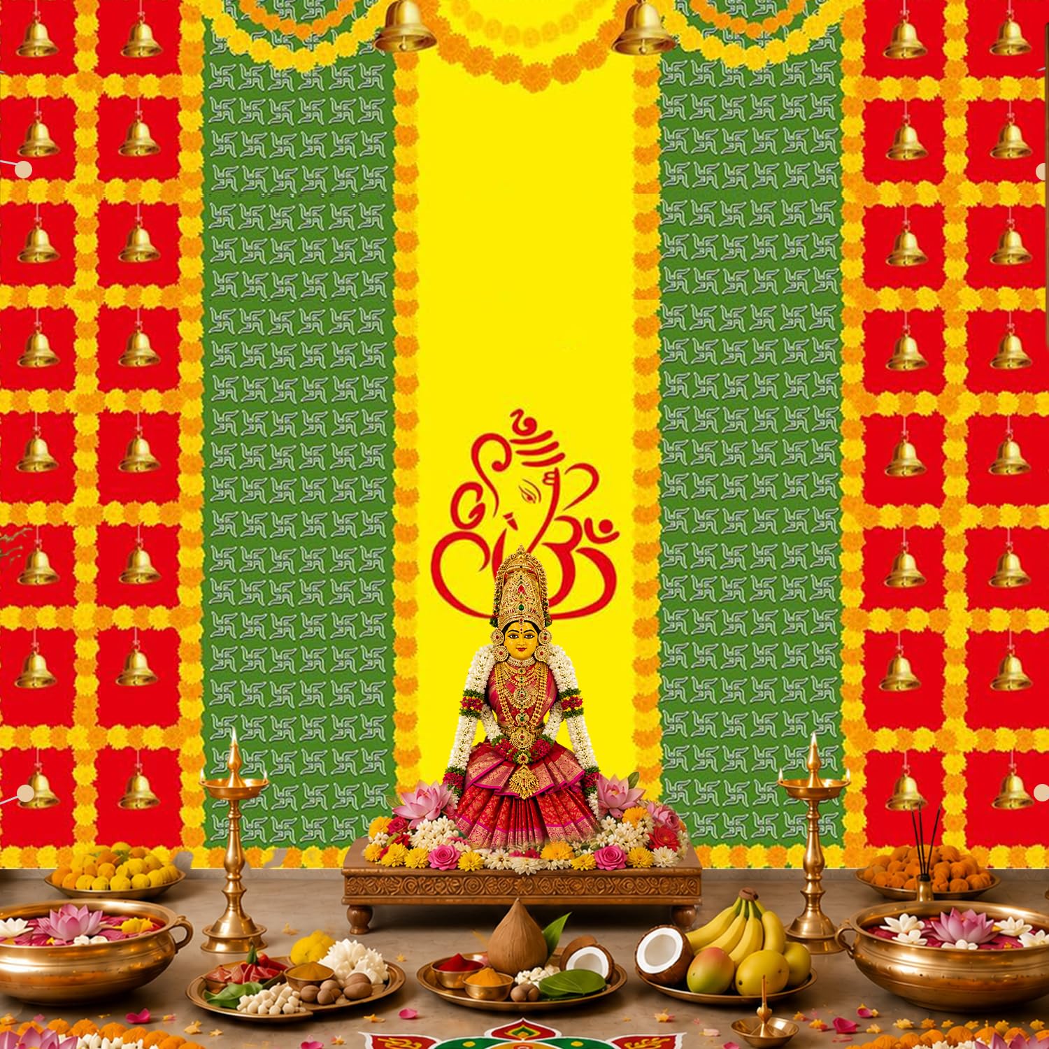 Party Propz Ganpati Backdrop Decoration -1Pc (8ft*5ft) Ganpati Decoration Setup for Home, Varamahalakshmi Decorative Items, Pooja Backdrop Cloth, Haldi Backdrop, Annaprasana Backdrops, Haldi Decor 4