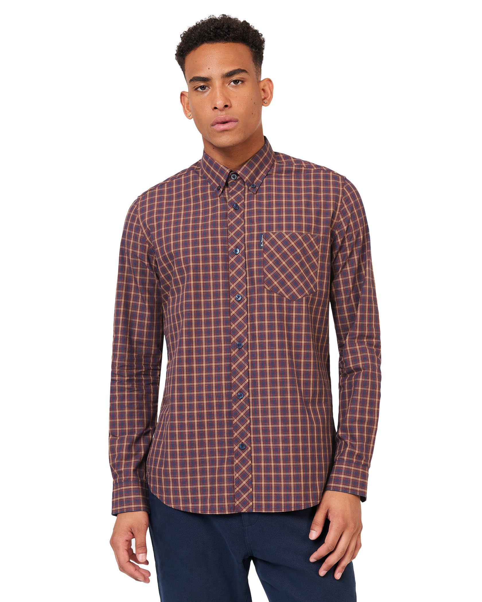 Ben Sherman Men's Signature House Check Shirt, Long Sleeved, Button-Down Collar (Aubergine) XXL