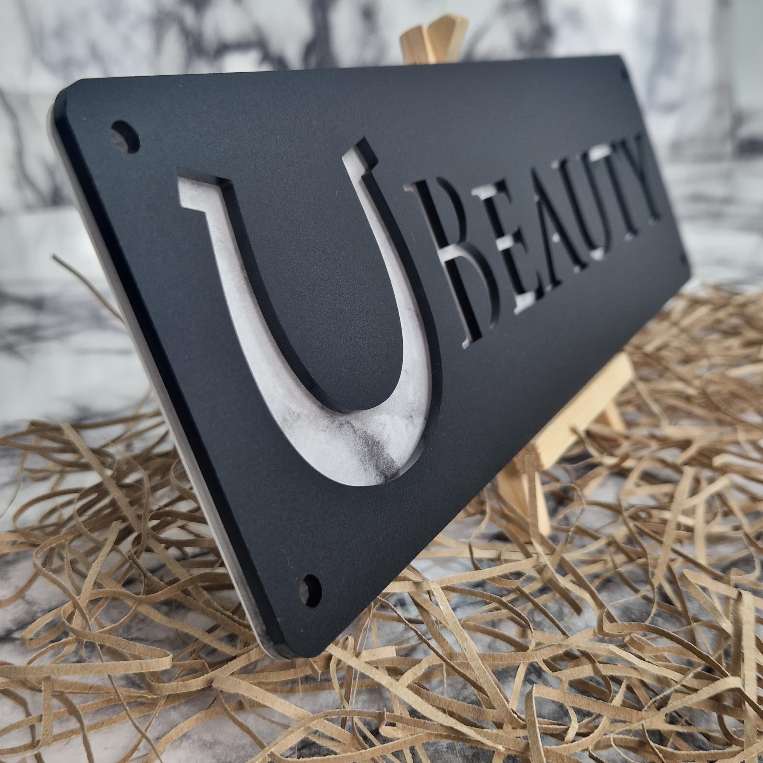 White Marble and Black Personalised Horse stable Pony laser cut name door plate sign (L1-Horse Shoe)